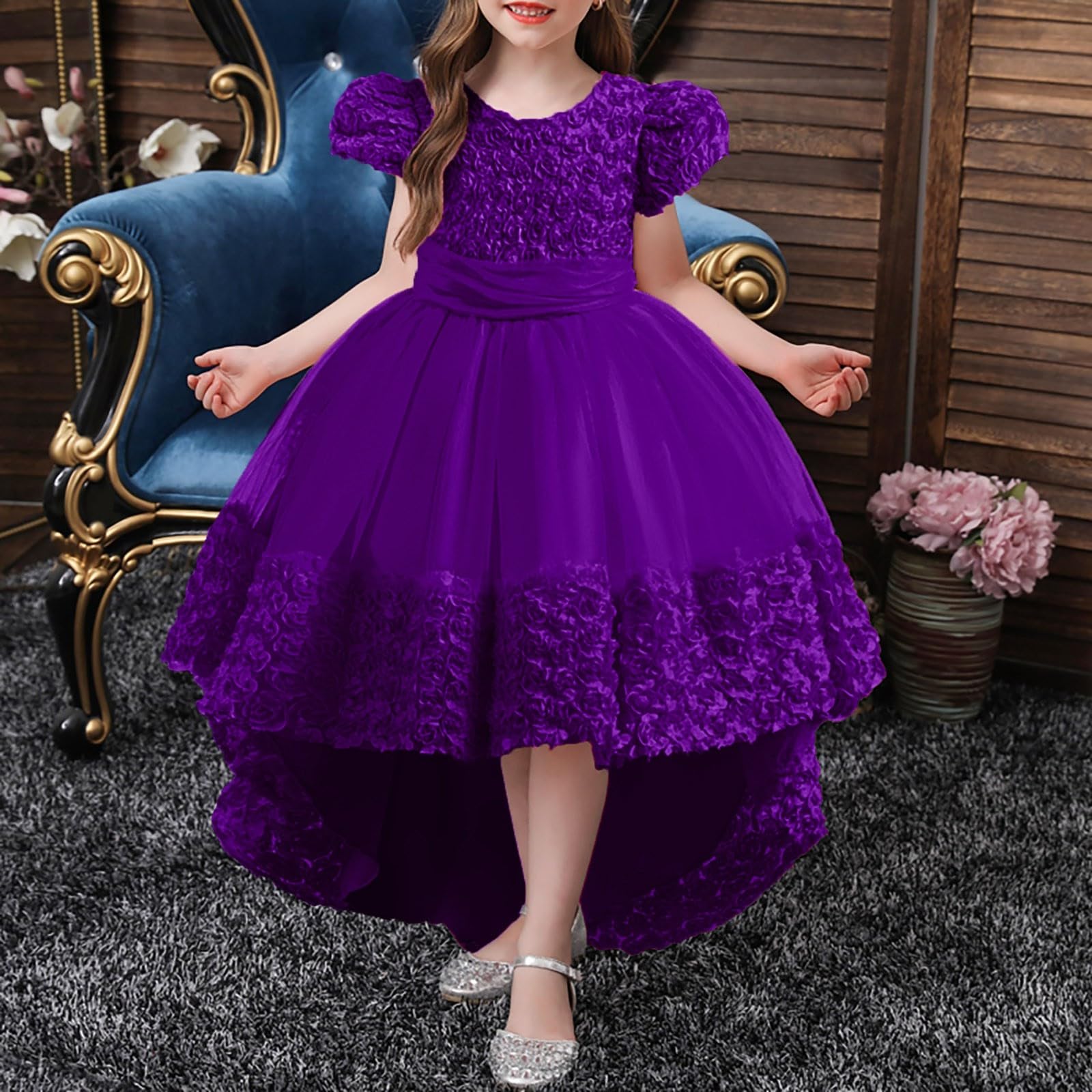 HLTYGWX Kleider für Mädchen, Rock, Mädchenkleider, Kleider für Blumenmädchen, Spitze, Hochzeit, Party, formelles langes Kleid