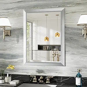 24x32 Inch Silver Bathroom Mirror for Wall, Thick Metal Framed Rectangle Mirrors for Over Sink, Bedroom, Living Room, Entryway, Anti-Rust, HD Tempered Glass