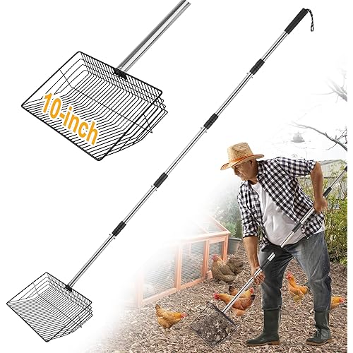 10 Inch Large Chicken Poop Scooper, 5 in 1 Chicken Coop Scoop with 22" to 67" Adjustable Stainless Steel Handle, Litter Sifting Shovel for Chicken Coop, Farm, Sheep Pen, Cat Litter, Stable Cleaning