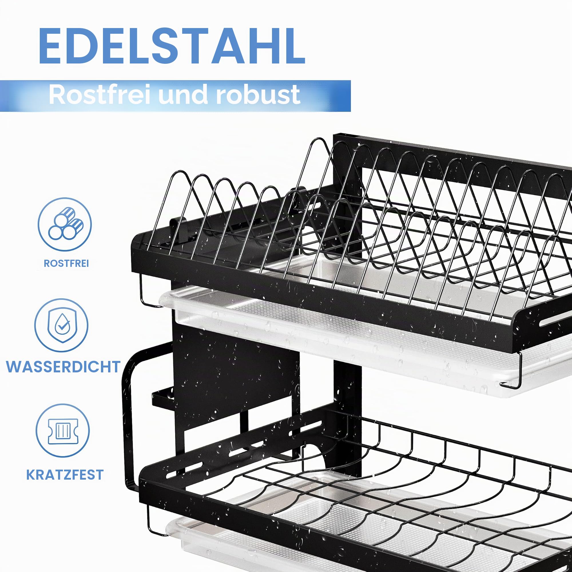 Geschirrabtropfgestell mit 3 Ebenen, zur Wandmontage, Edelstahl, Abtropfgestell für Küche mit Utensilien, Schwarz
