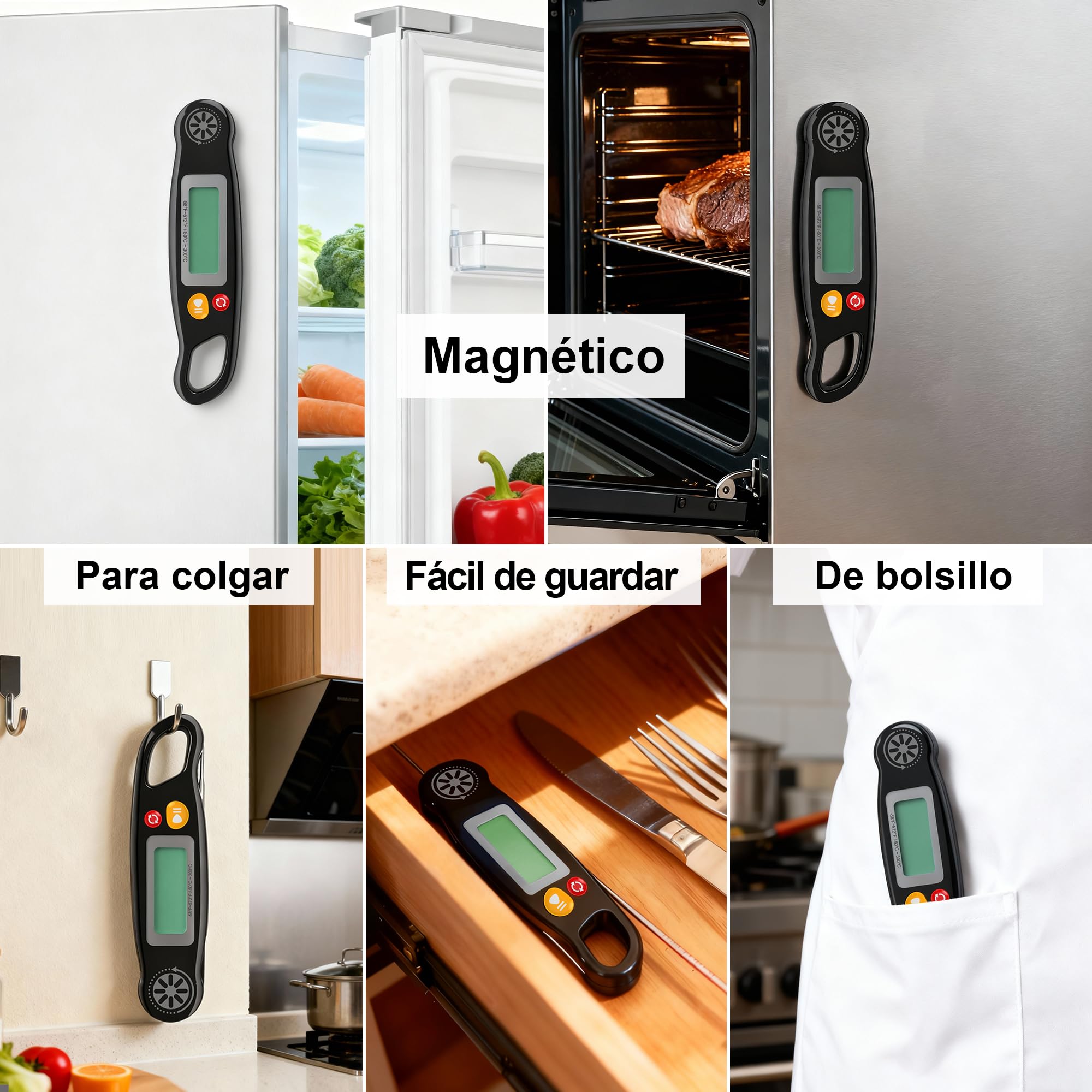 Antonki Termómetro digital de cocina con retroiluminación y sonda larga plegable: termómetro de lectura instantánea en 3 segundos para carne, barbacoas, hornos y líquidos