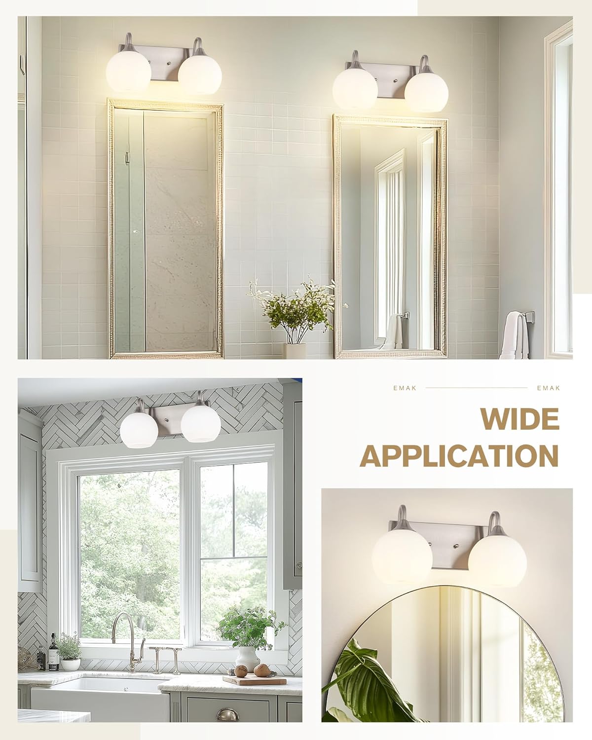 Emak Globe Bathroom Light Fixtures, Brushed Nickel Vanity Lights with Milk Glass Shade, Modern 2-Light Bathroom Vanity Lights Over Mirror, VL118-BN-ML-2