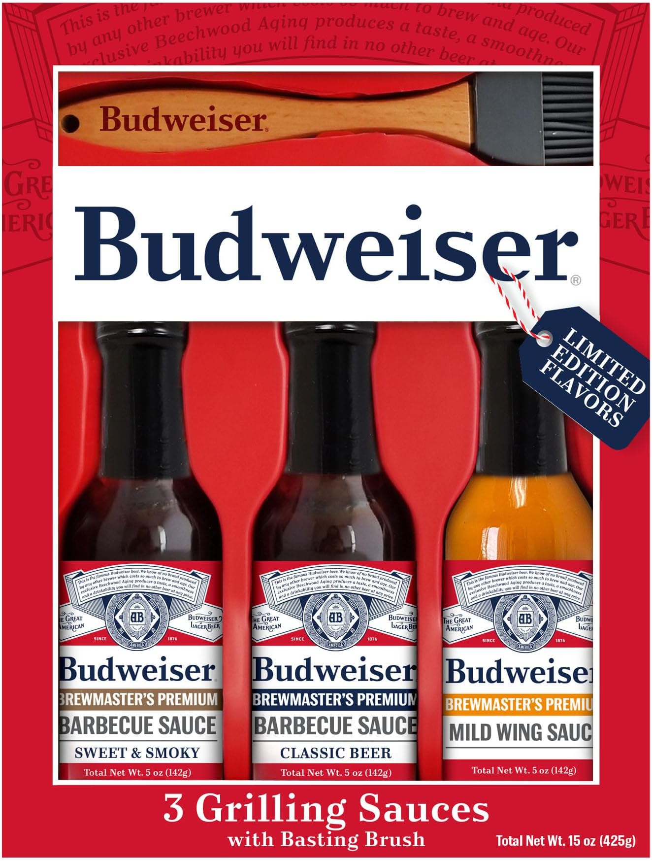 Budweiser BBQ Sauce Variety Pack - Grilling Sauce Gift Set with Basting Brush Perfect for Barbeques and Marinades - 3 x 6 oz