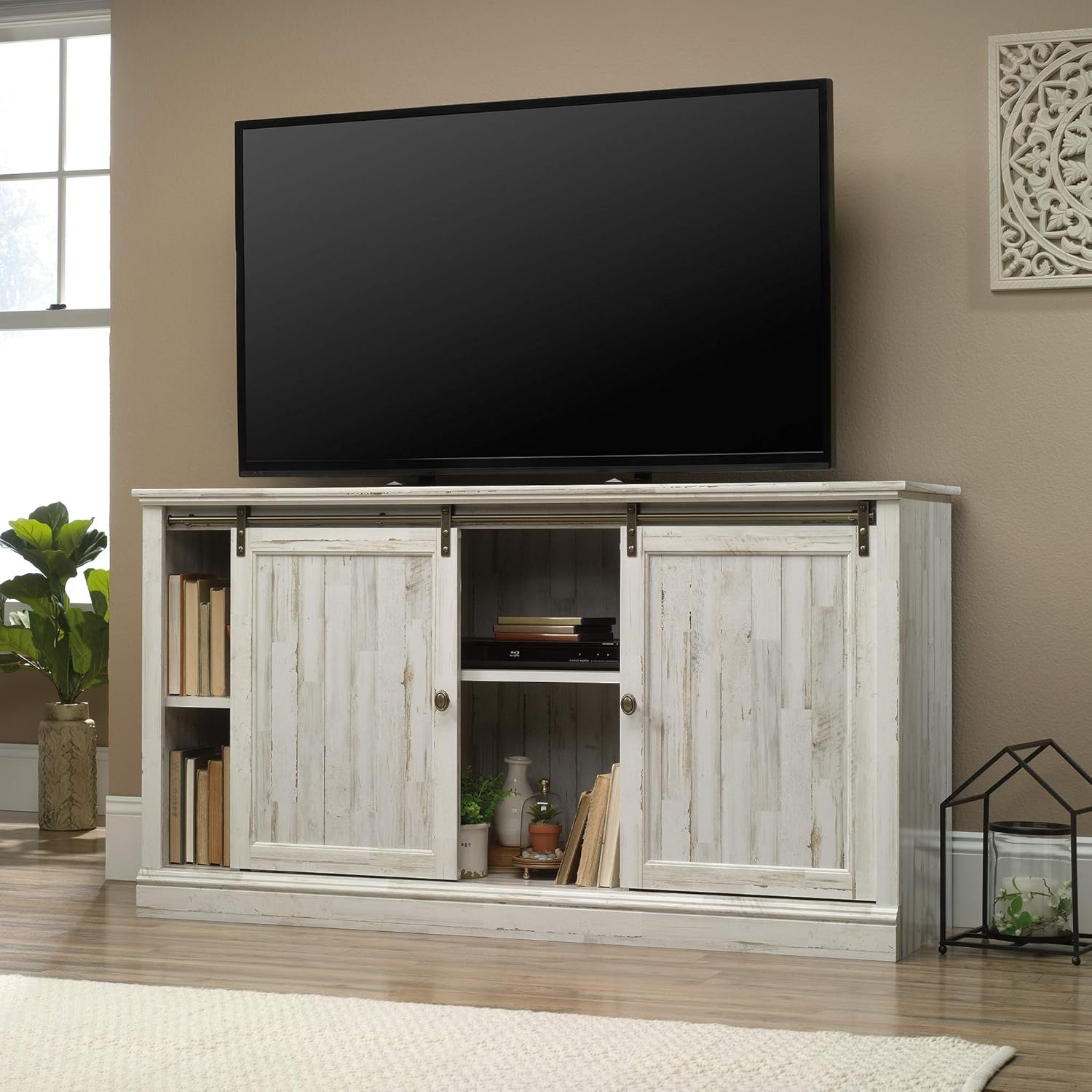 White Plank Sliding Door TV Stand with Adjustable Shelves