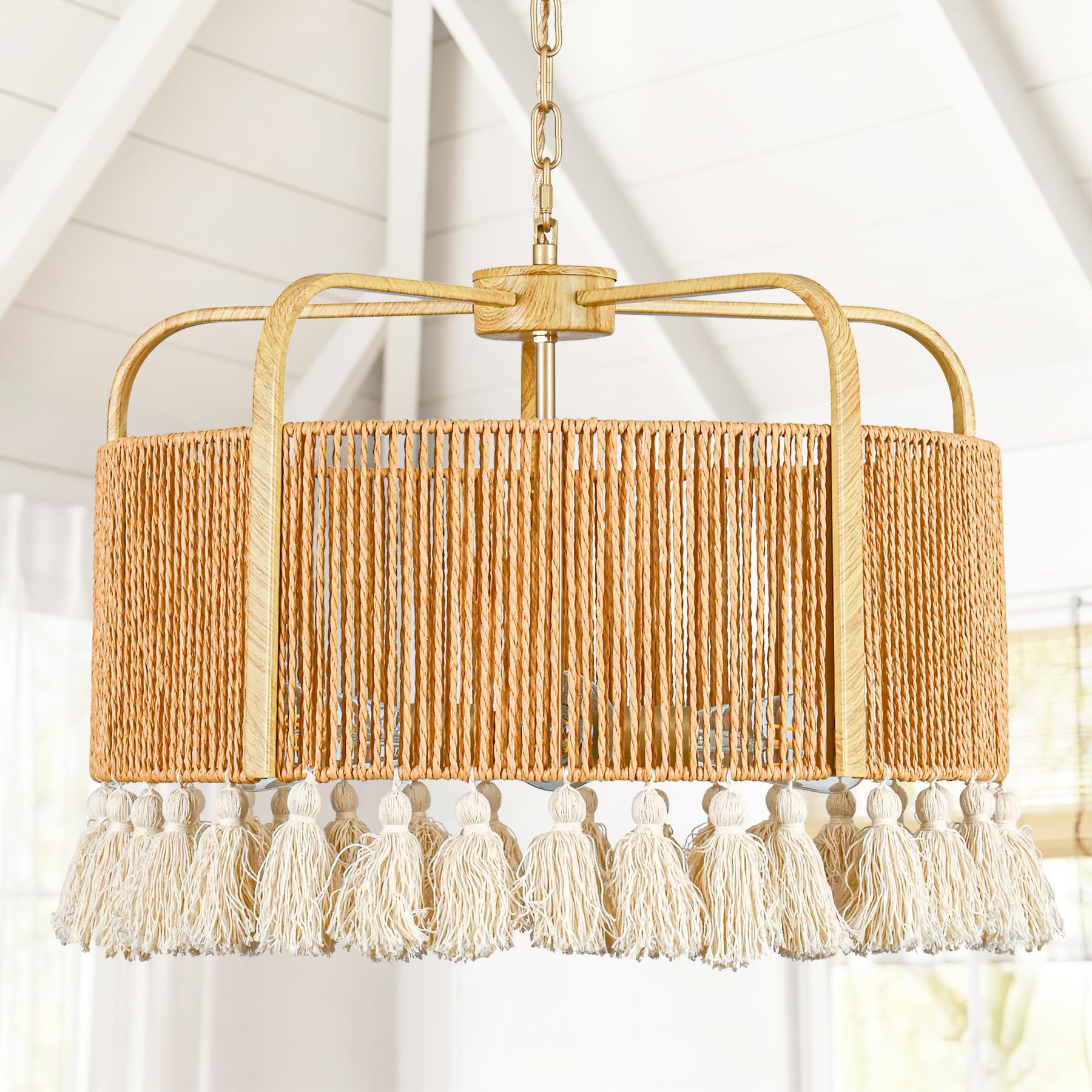 Photo 1 of LuoliiTa 20” Rattan Chandelier, 4-Light Large Hand Woven Boho Chandelier with Fabric Shade, Farmhouse Light Fixtures for Dining Room & Kitchen Island (Brown, 20")
