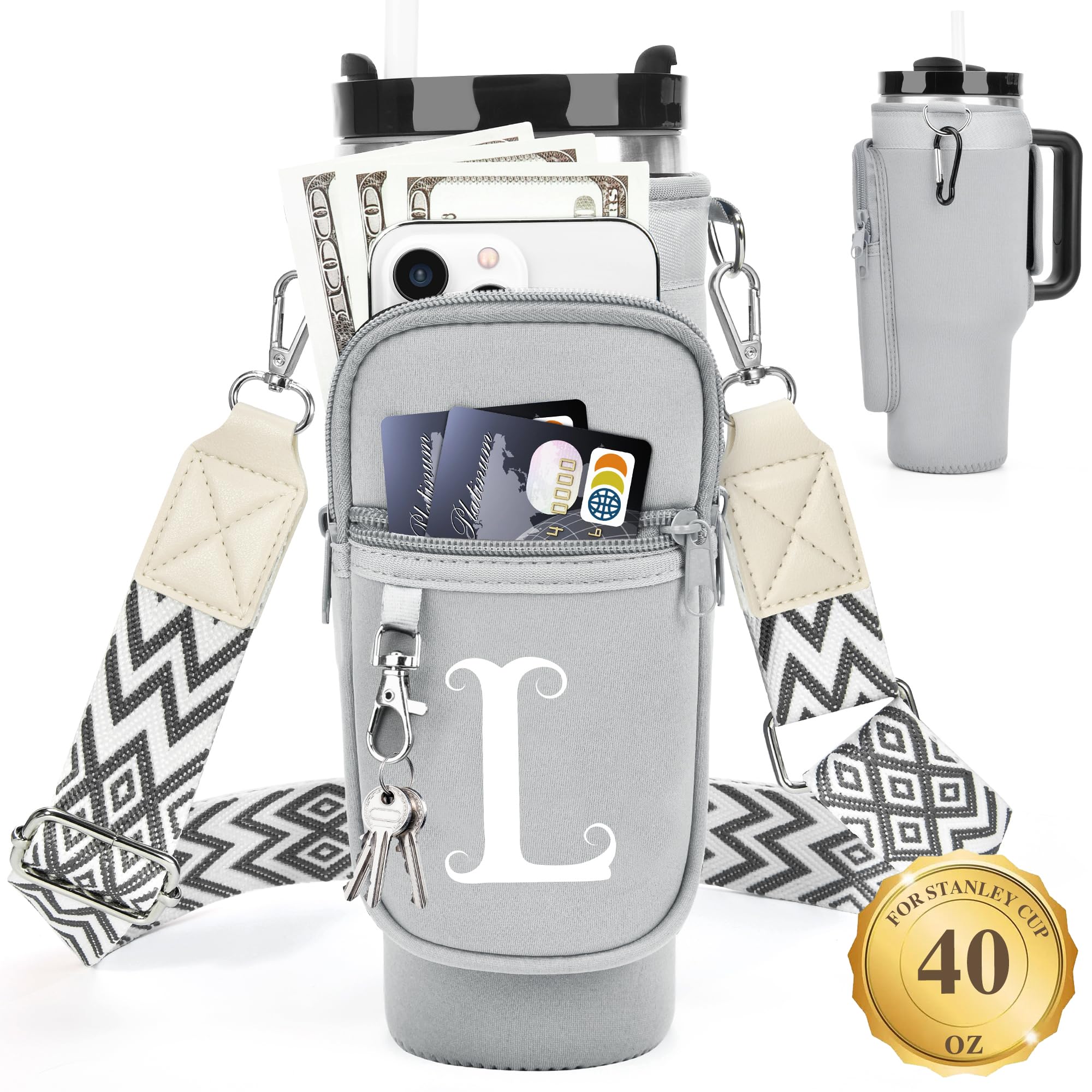 Personalized Water Bottle Holder with Strap for Stanley Cup Accessories 40 oz Tumbler, Initial Water Bottle Carrier Bag W/ Phone Pocket, Ideal