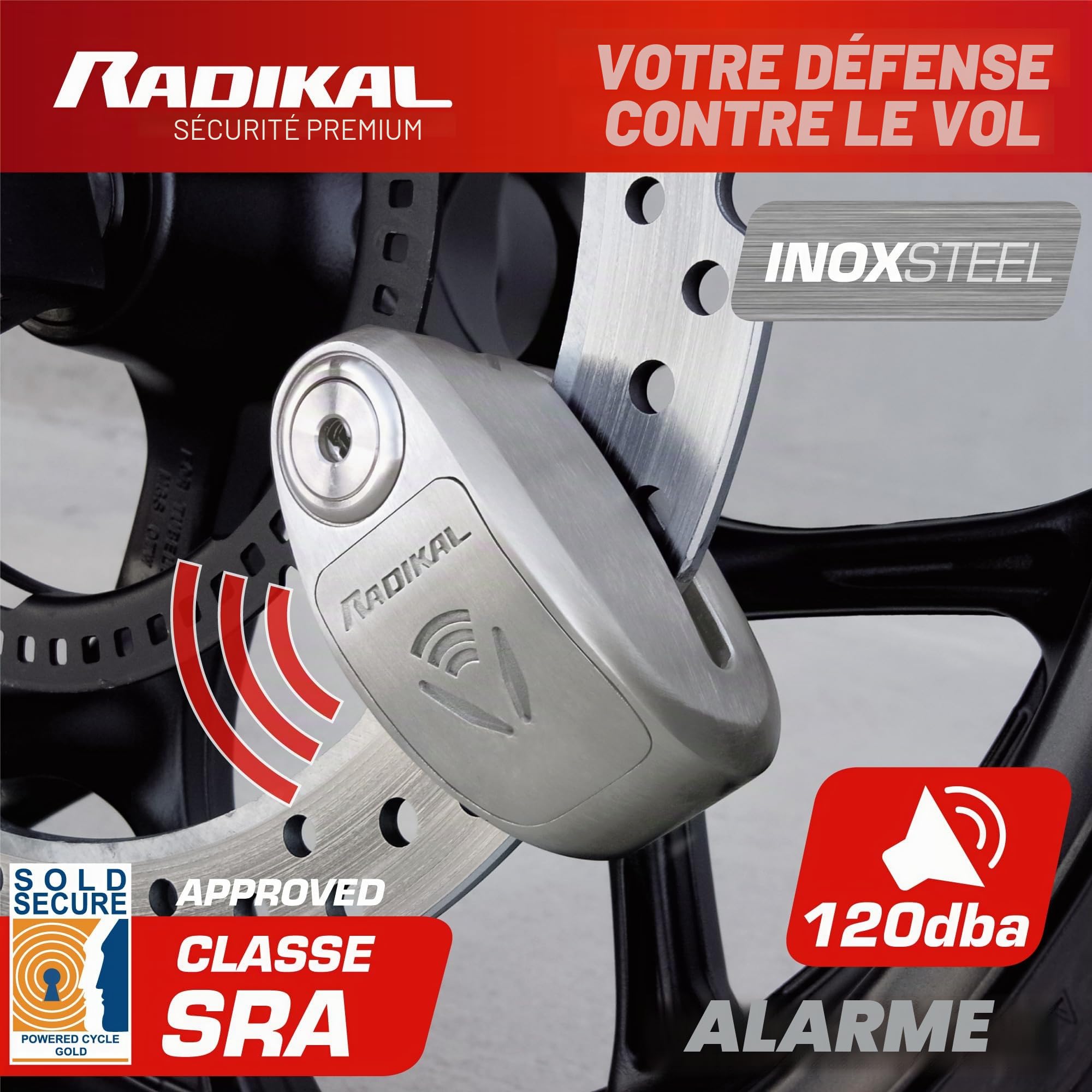 RADIKAL RK910S Antivol Moto Homologué SRA, Bloque Disque Alarme Premium X2-ON, Serrure Haute Sécurité Anti-Perçage Anti-Crochetage, Double Verrouillage 10mm, Bloc Acier Inox Anti Vol pour Moto Scooter