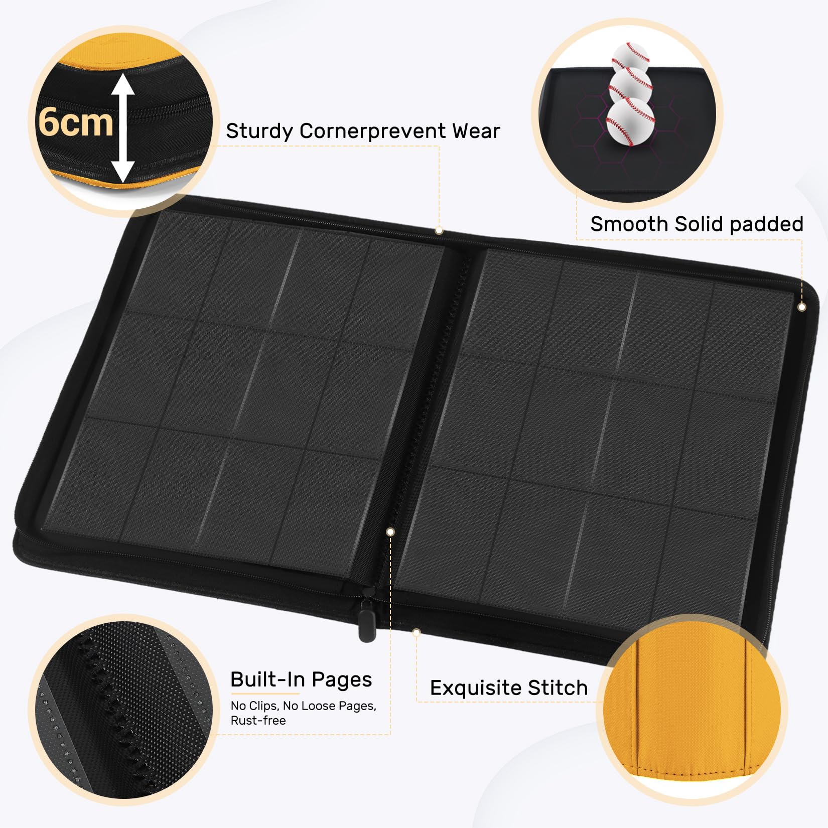 WITHYU Álbum de Colección de 12 Bolsillos, Capacidad 720Cartas, Carpeta Impermeable para Carpetas, Carga Lateral con Cremallera para TCG, Fútbol y Tarjetas Coleccionables, Portátil (Amarillo)