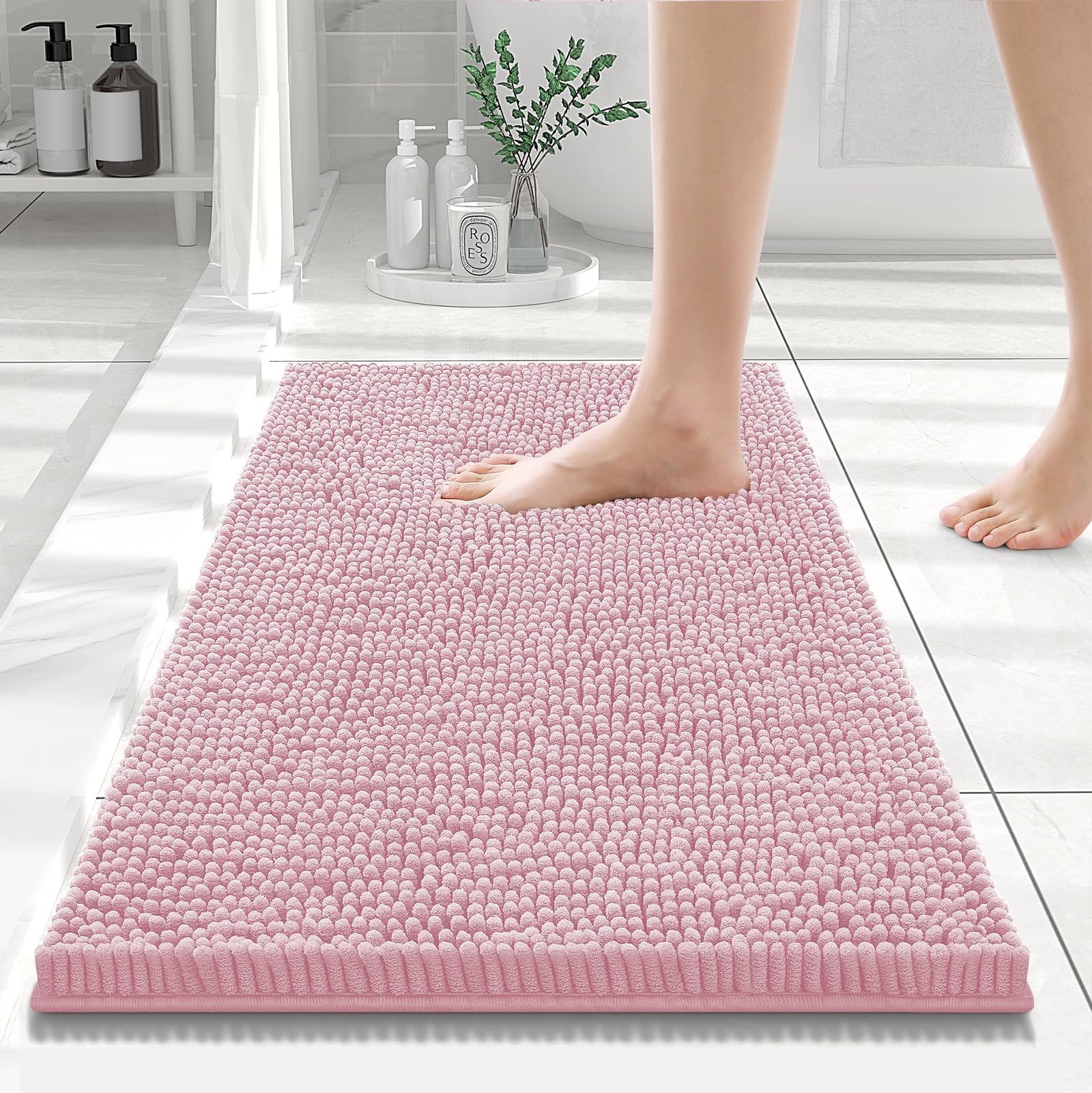 Smiry Luxury Chenille Bathroom Rugs 24x16, Extra Soft and Absorbent Shaggy Bath Mat, Machine Washable, Non-Slip Plush Carpet Runner for Tub, Shower,