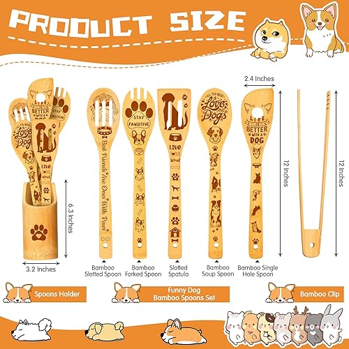 Miniatura 2 de 7 cucharas de cocina de bambú con soporte, regalos grabados para perros para mujeres, utensilios de cocina de bambú, juego de cucharas de cocina,