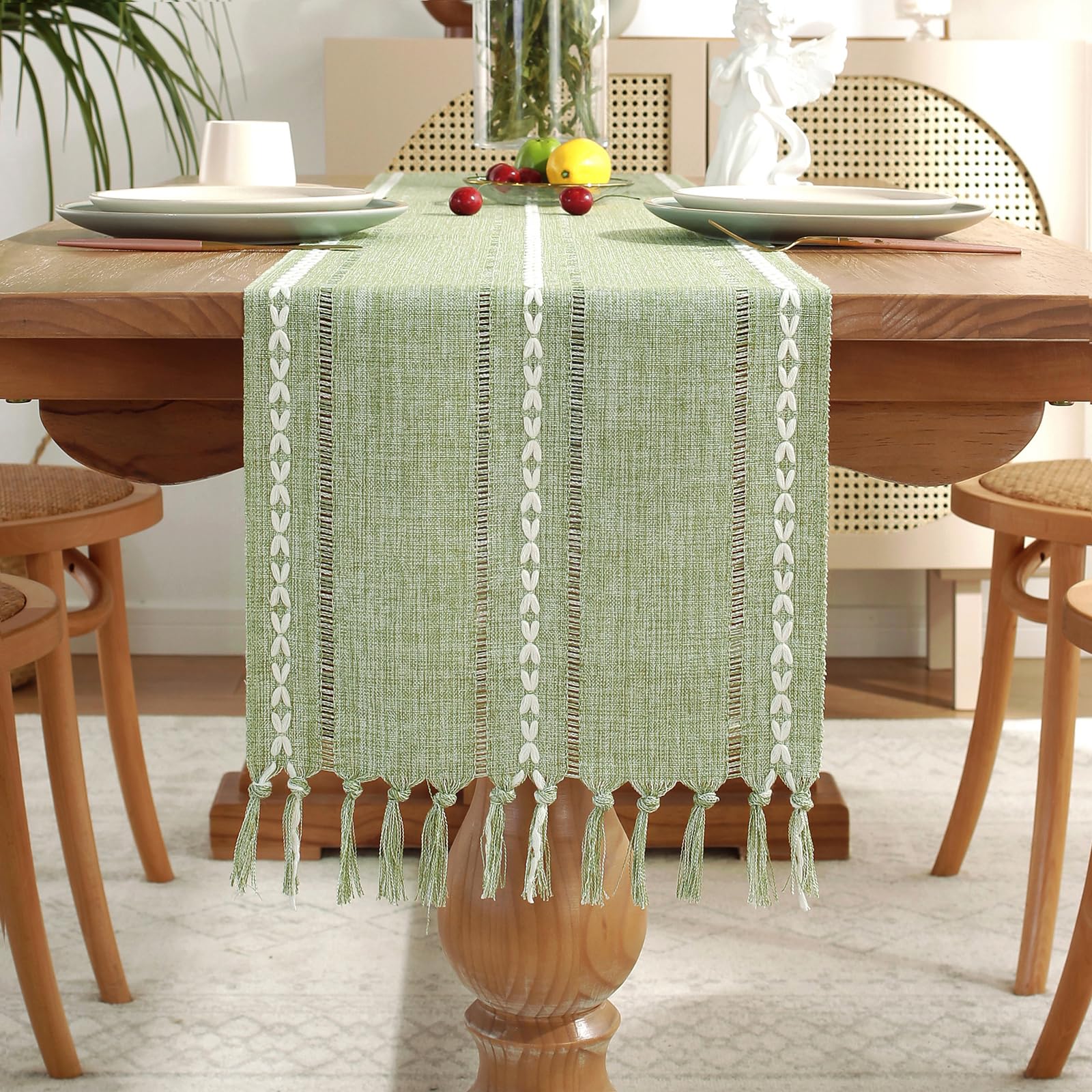 Laolitou Rustic Table Runner with Tassels sage Green 13"X90", 6-8 Seats ...