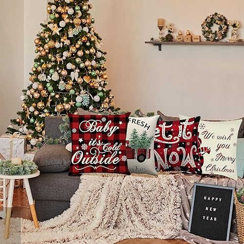 Miniatura 6 de Fundas de almohada de Navidad, 18 x 18 pulgadas, juego de 4 fundas de cojín cuadradas de lino con diseño de muñeco de nieve, decoración navideña de