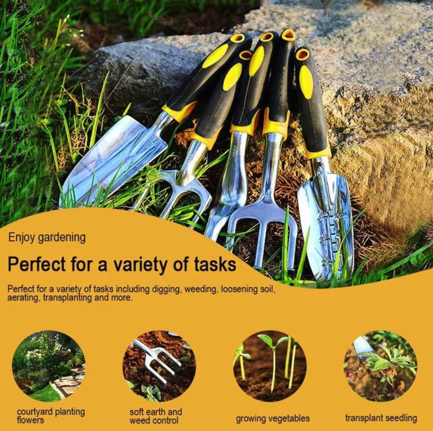 Generic RK_ENTERPRISES 5 Pcs Gardening Tools for Garden Home Patio, Heavy Duty Aluminium Tools Set with Gardening Transplanting Spade., Silver