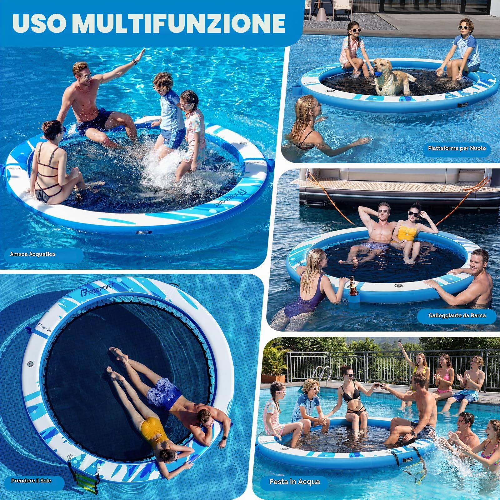 Piattaforma Galleggiante Gonfiabile Sunchill 240/300 cm per 2-5 Persone, Isola Gonfiabile Rotonda, Amaca Acquatica Floating Platform con Rete per Carichi Pesanti per Piscina, Lago e Mare