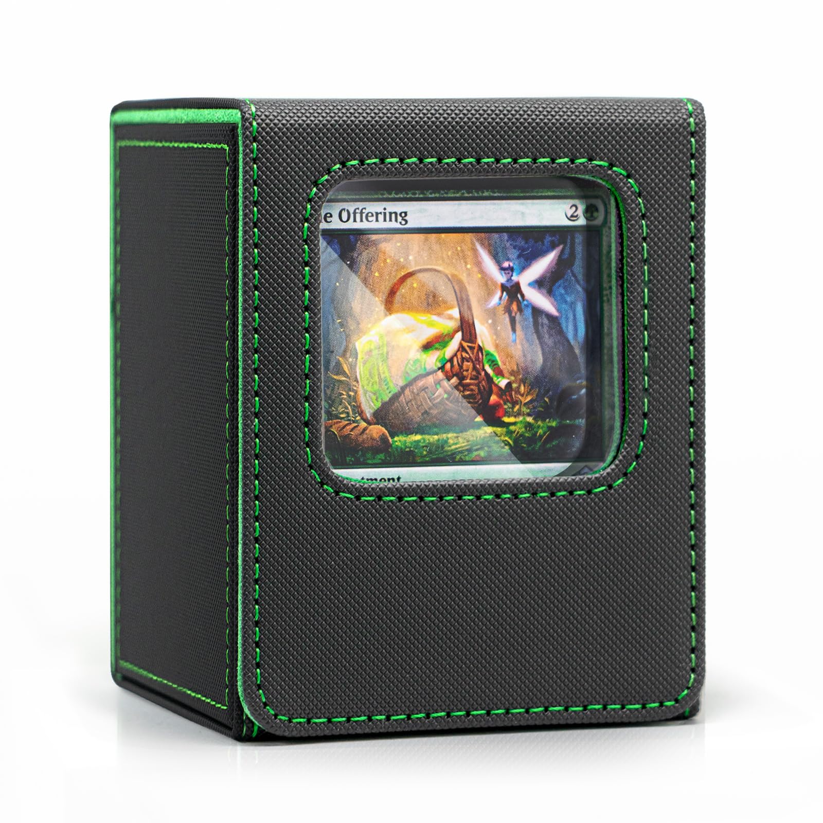 Venssu MTG Deck Box with Front-Facing Commander Display, Card Deck Case Fits 100 Single Sleeved Cards, PU Leather Magnetic Tcg Storage Box with 2 Dividers, 100% UV Protect Mini Snap (Black and Green)