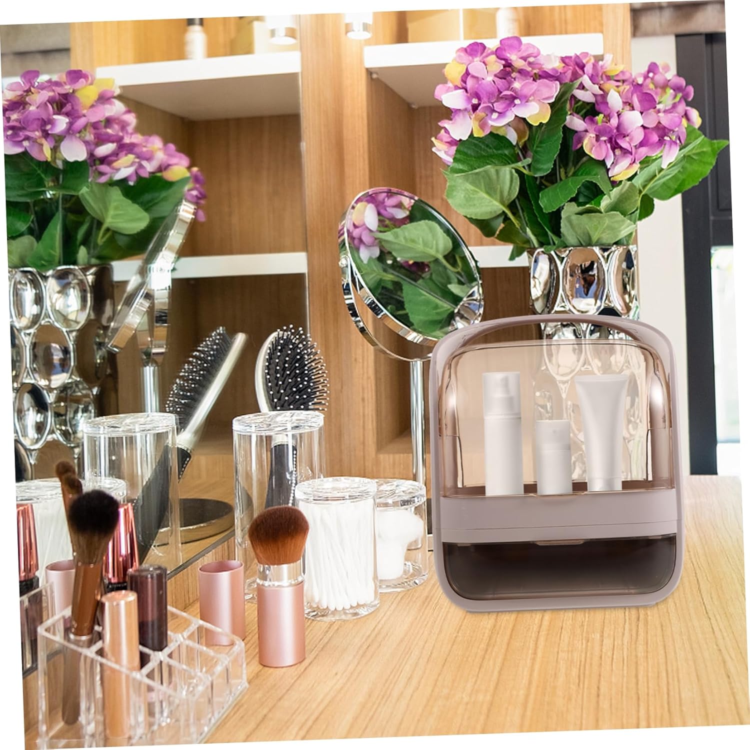 Hemoton Makeup Organizer Storage Box Lid Large Capacity Skincare Display Case for Bedroom and Bathroom Cosmetics Holder for Vanity and Dresser Elegant Design for Beauty Products