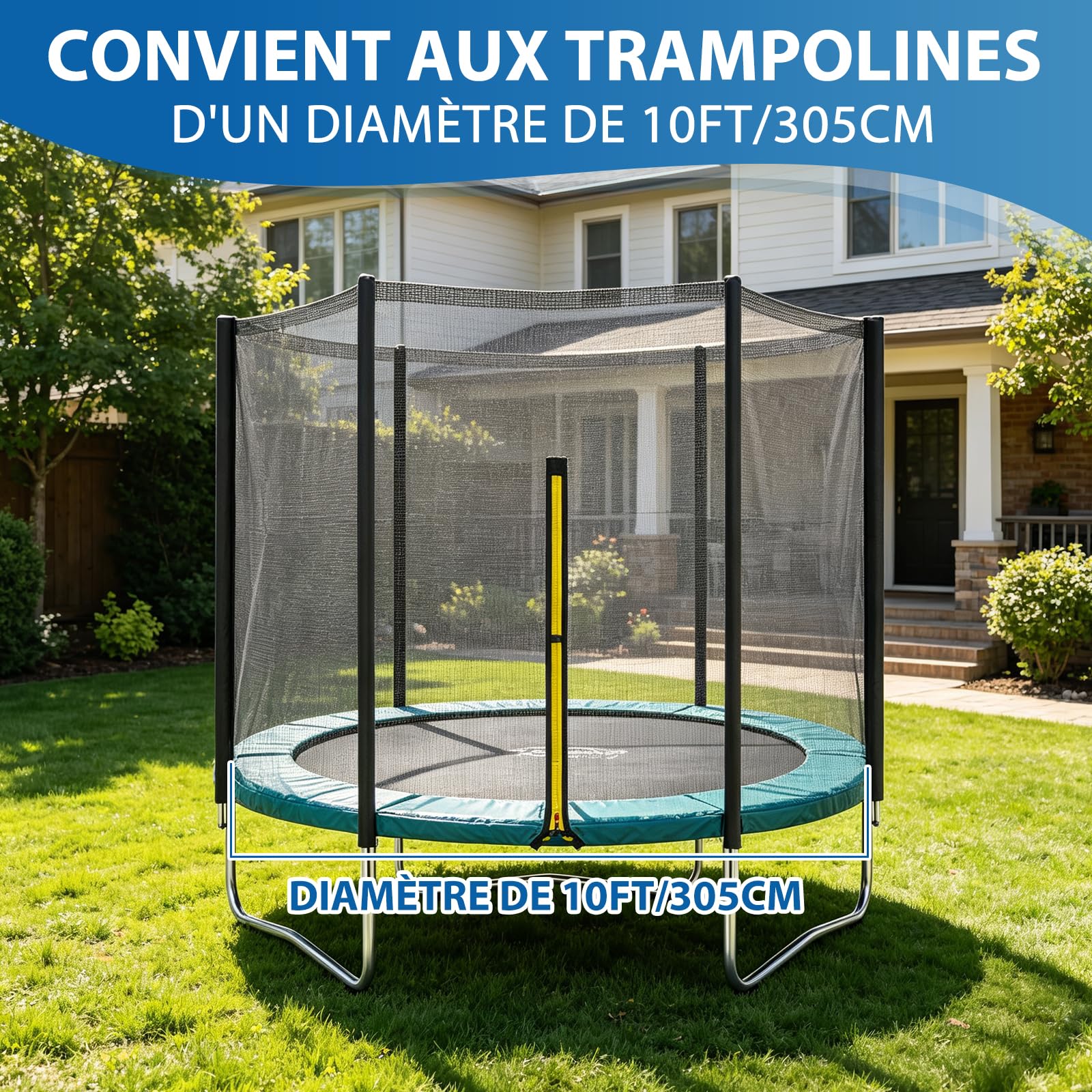 Filet Trampoline 305 cm (10FT) à 6 Barres, Filet de Sécurité Extérieur, Protection Trampoline Anti-UV et Anti-Déchirure, pour Accessoires Trampoline Extérieur