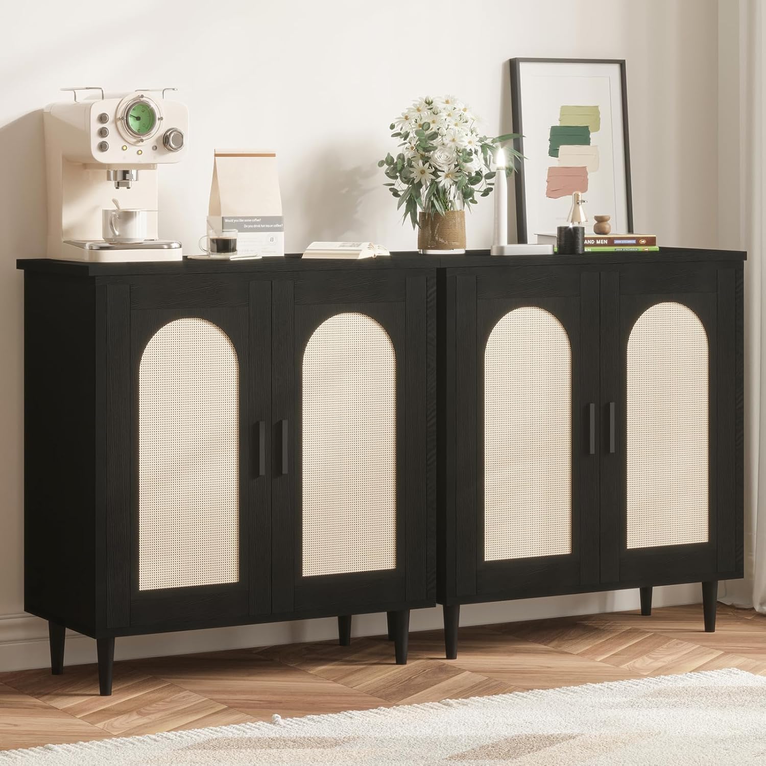 Black Rattan Sideboard Cabinet – Adjustable 2-Tier Storage, Sturdy Wood Legs, Modern Console Table for Entryway, Hallway, Dining Room, Living Room – Accent Furniture – Color: Black