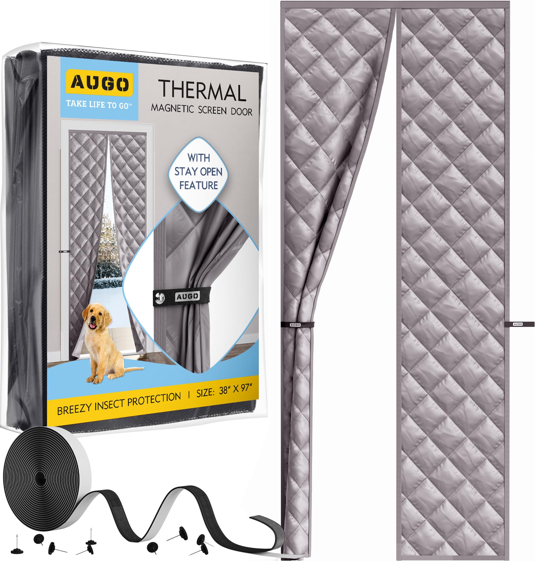 AUGO Thermal Door Curtain - Thermal Door Cover for Winter - Magnetic Thermal Insulated Door Curtain for Winter - Winter Door Insulation - Keeps Warm Air in &amp; Cold Air Out - Home Winterizing Products