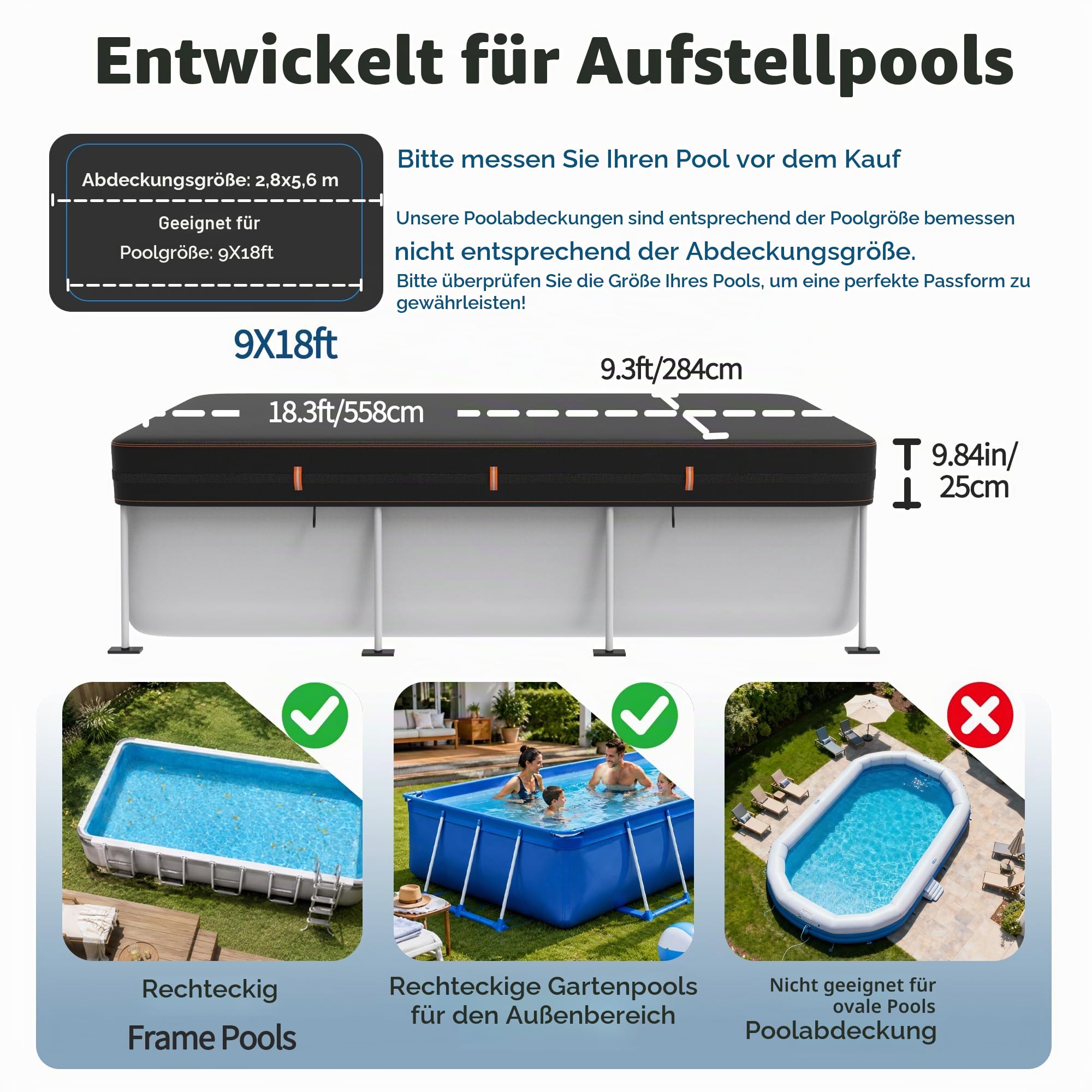 420D Rechteckige Poolabdeckung, Uv- Und ReißFest, 549x274cm, Winddichter Poolschutz FüR Aufstellpools, StrapazierfäHiges Planengewebe Mit Reflektierenden Streifen, Wetterfest