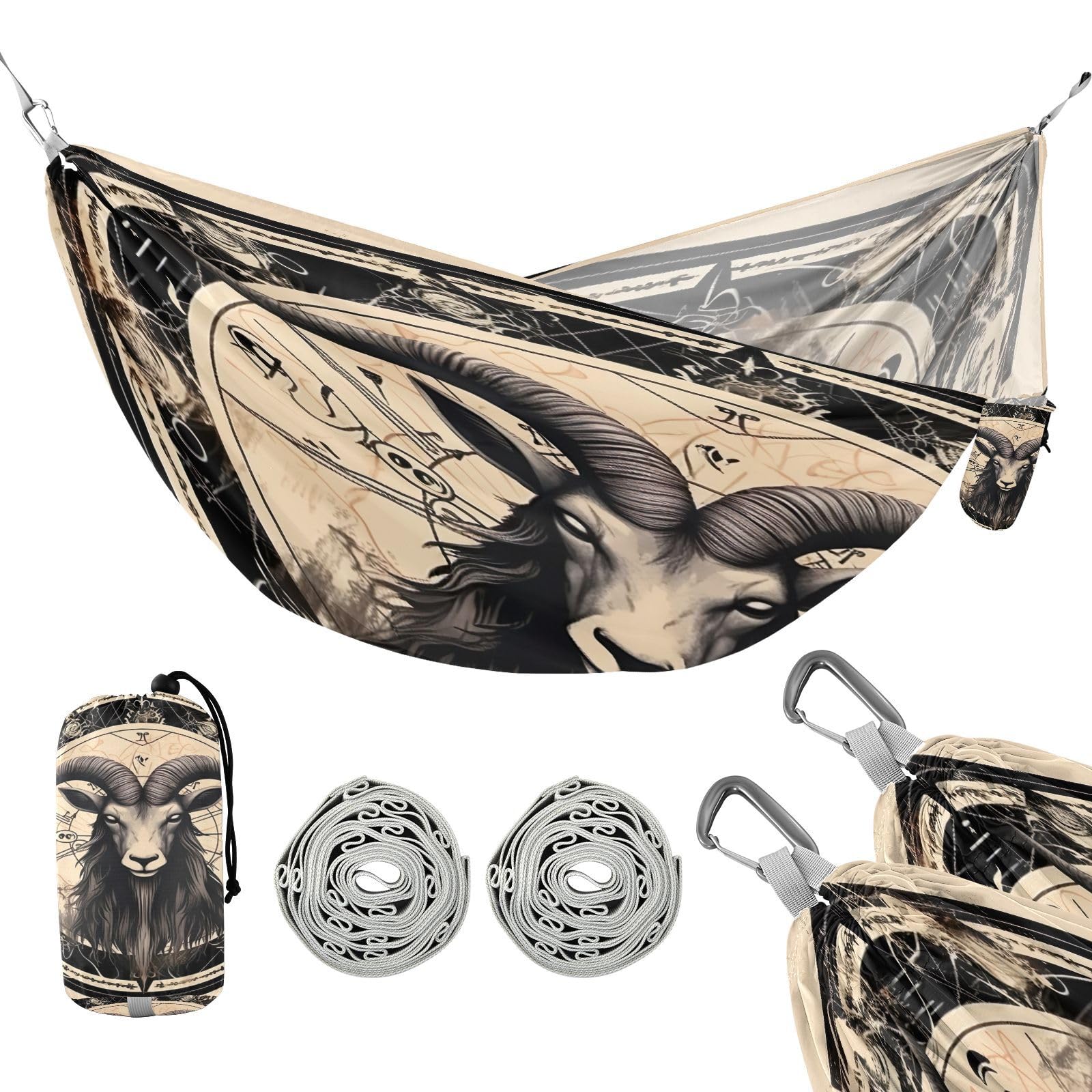 SDMKA Goat Symbol Camping Hammock, 330 lbs with 2 Tree Straps, Carry Bag, Single Portable Hammock for Outdoor/Indoor, Hiking, Beach, Backpacking, Travel
