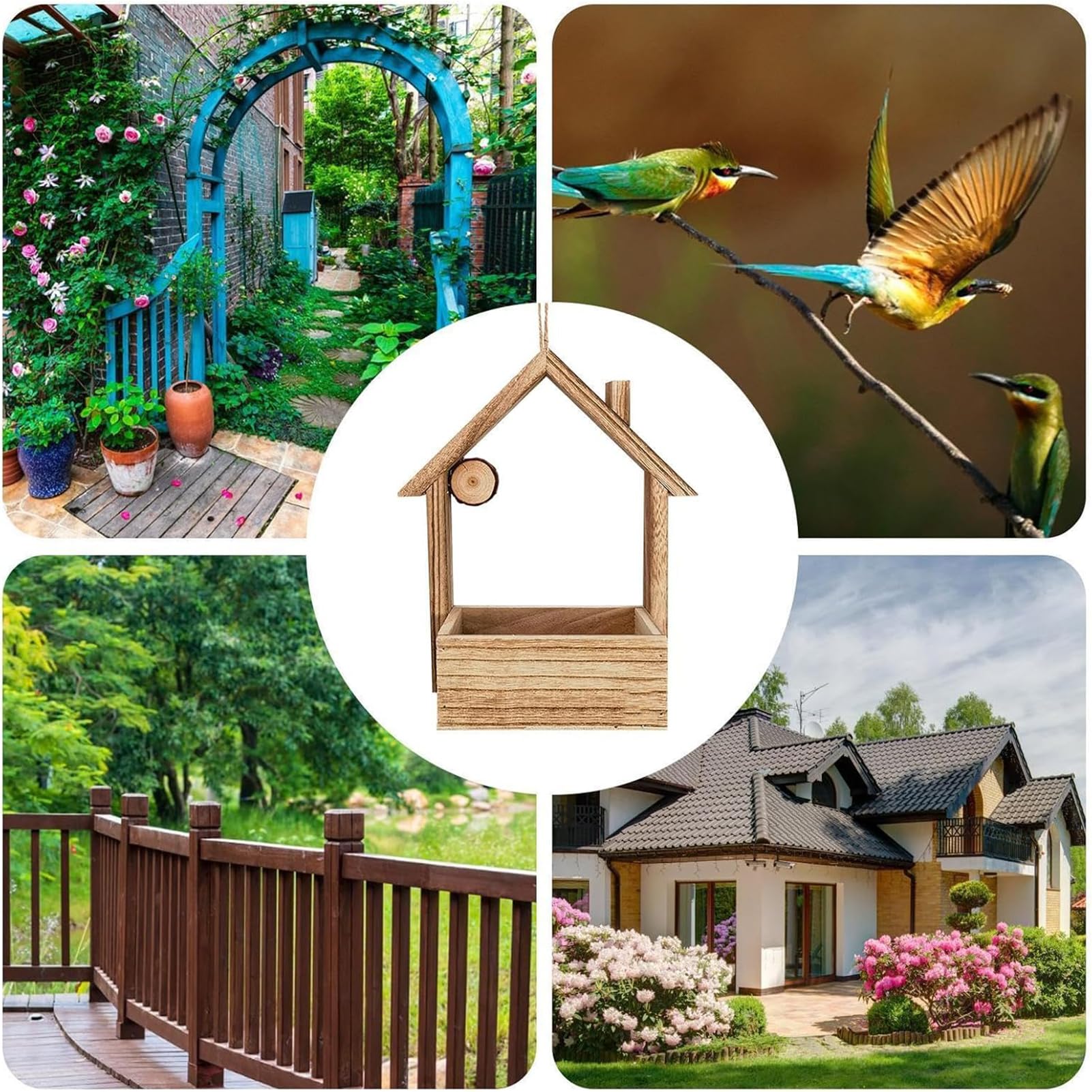 Decoración de Pared en Forma de casita para pájaros con Maceta, comedero para Aves Silvestres de Exterior, casita de Madera con Flores Artificiales