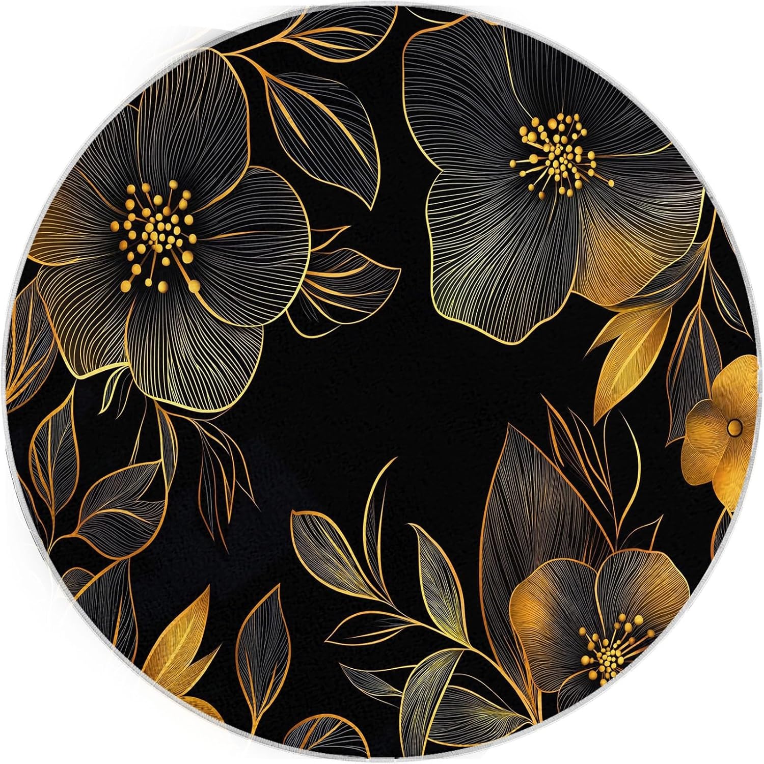 Round Area Rug 3 ft, Retro Plant Leaf Flower Round Rugs for Bedroom Living Room, Black Gold Washable Non-Slip Circle Runner, Floor Carpet Mats Modern Home Decor Circle Carpets