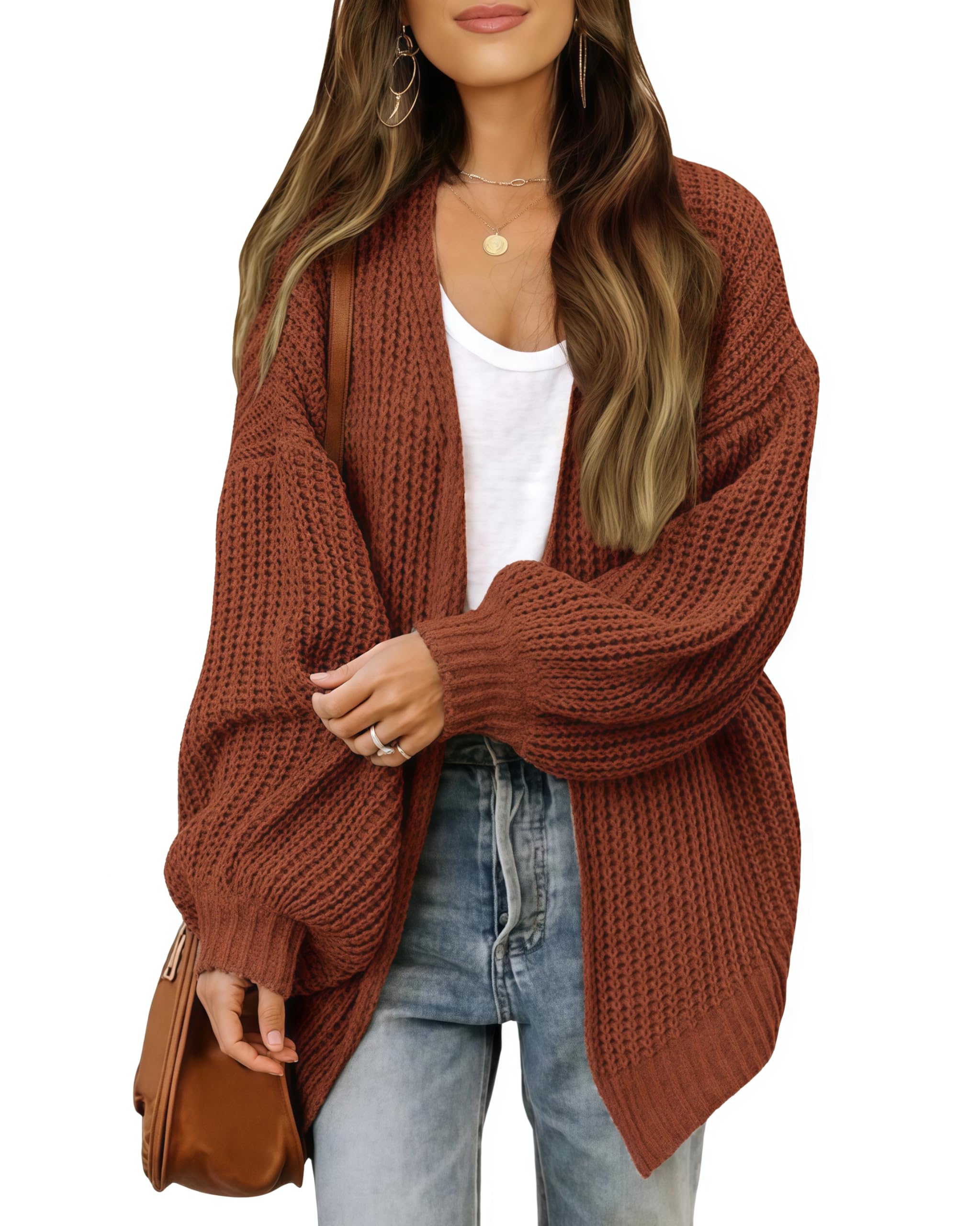 JFAN Cardigan Donna a Manica Lunga Lavorato a Maglia Leggero Sciolto Aperto Maglione Giacca Calda con Tasche per Autunno Inverno