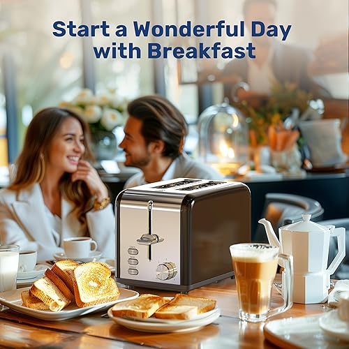 Miniatura 8 de YSSOA Tostadora de 2 rebanadas con 6 ajustes de tostado y 3 funciones, ranura extra ancha y bandeja extraíble para migas, estilo retro de acero