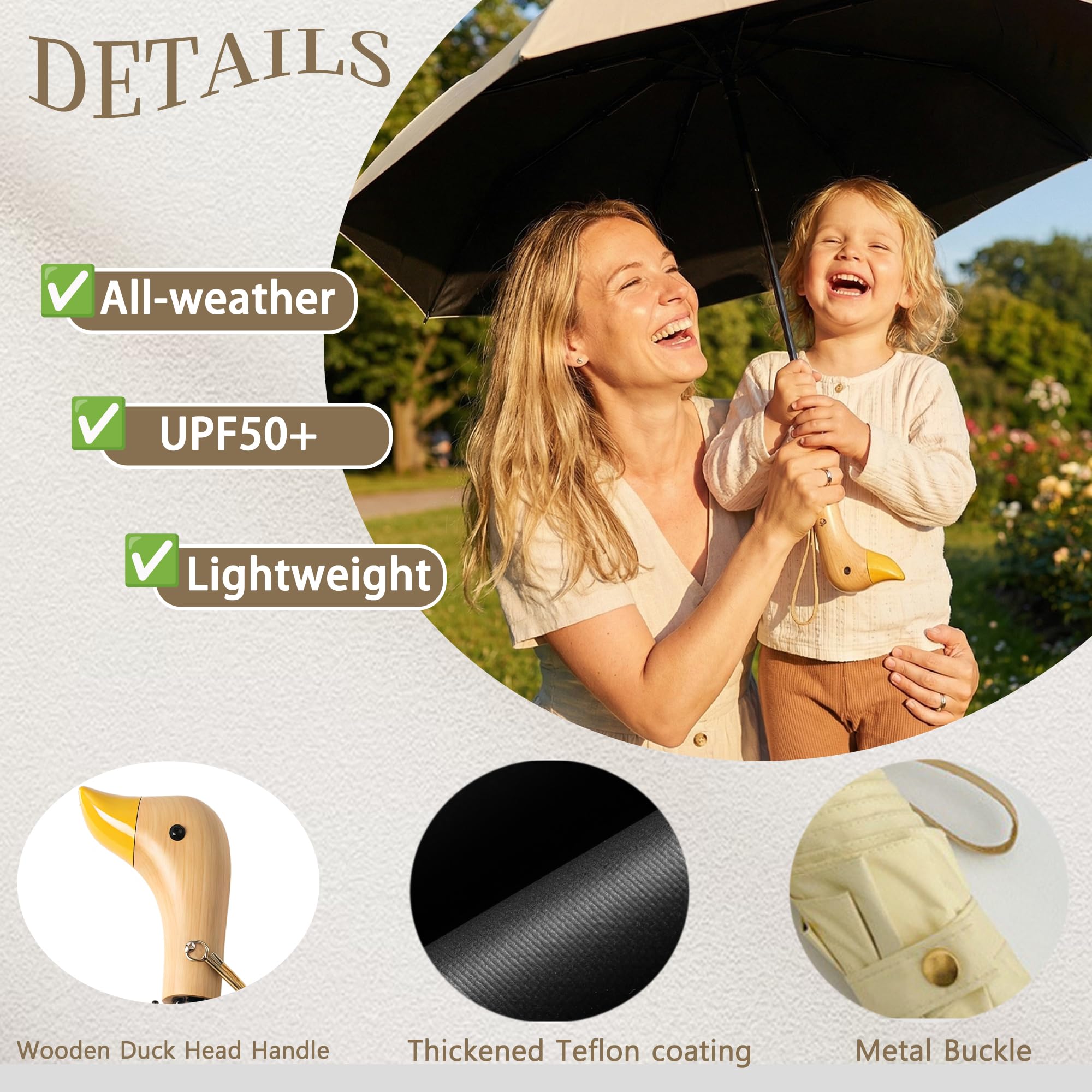 Parapluie Pliant de Voyage avec Poignée en Bois en Forme de Canard Mignon,Pluie/Soleil, UPF 50+, Protection UV, Femmes/Enfants, Sac à Dos/Voiture, Léger, Portable, Robuste et Pliable, 8 Baleines