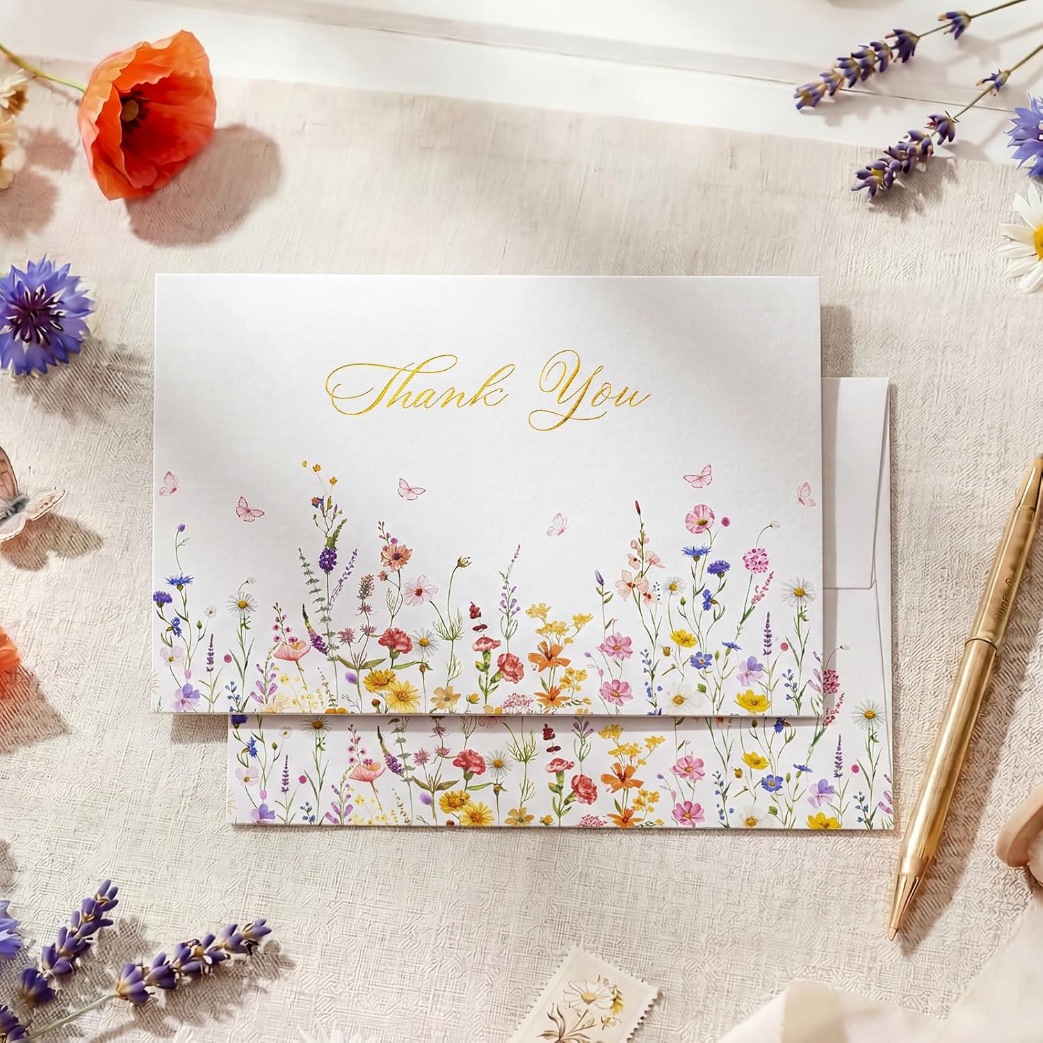 Crisky 100 Floral Wildflower Thank You Cards with Envelopes, Sealing Matching Stickers, 4x6 Blank Cards with Elegant Floral Designs, 300gsm Note Cards Premium Cardstock, Bulk Cards for Wedding, Graduation, Baby Shower