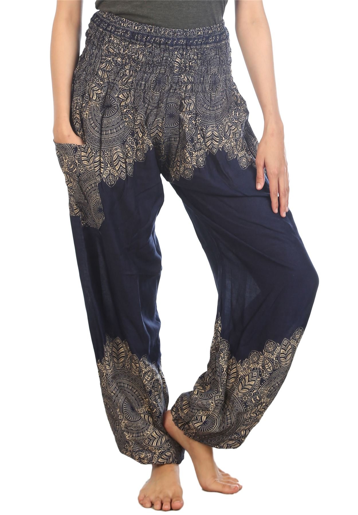 Lofbaz Women's Floral Smocked Waist Harem Pants Dark Blue Size 3XL
