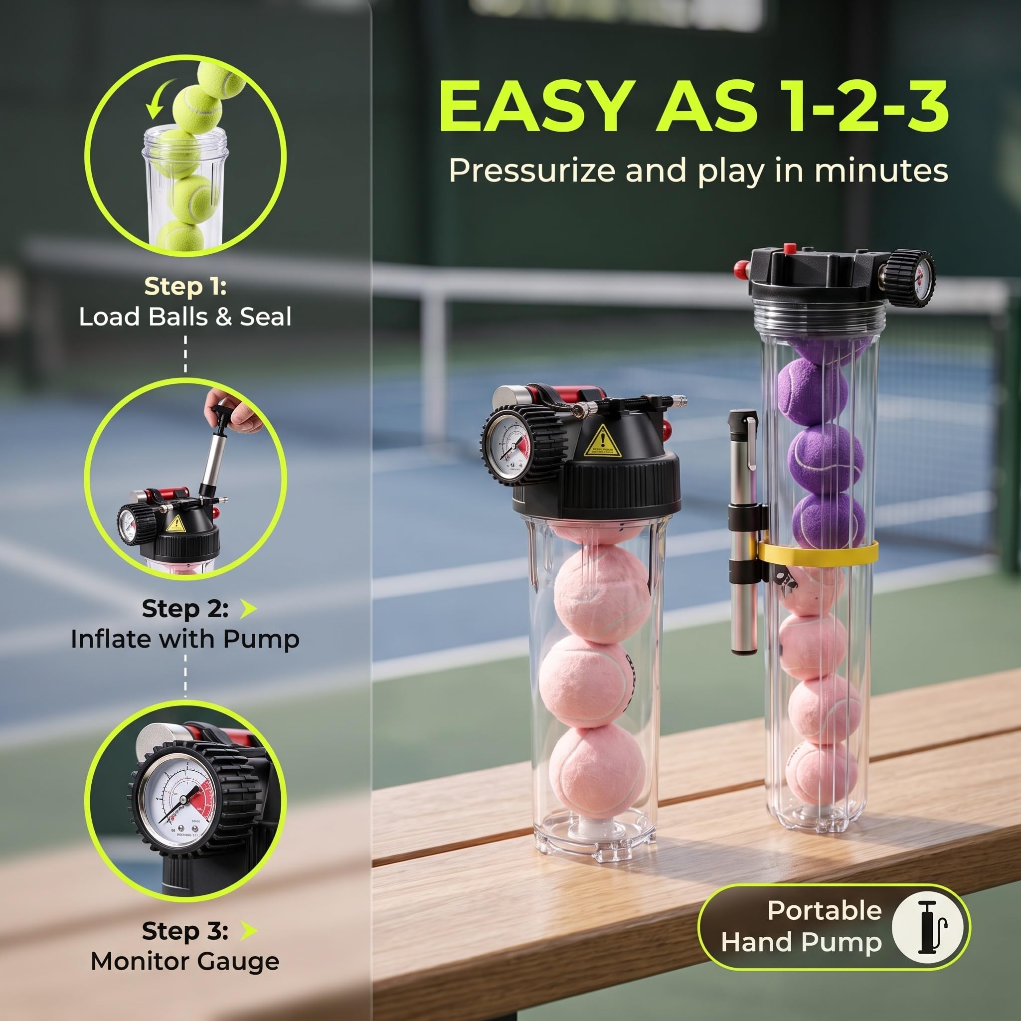 Pressurizzatore per Palline da Tennis, Salva-Palline da Tennis, Pressione Dellaria Regolabile da 0 A 30 Psi, capacità per 4/8/12 Palline, con Manometro E Pompa Manuale, Chiave 8‑Ball