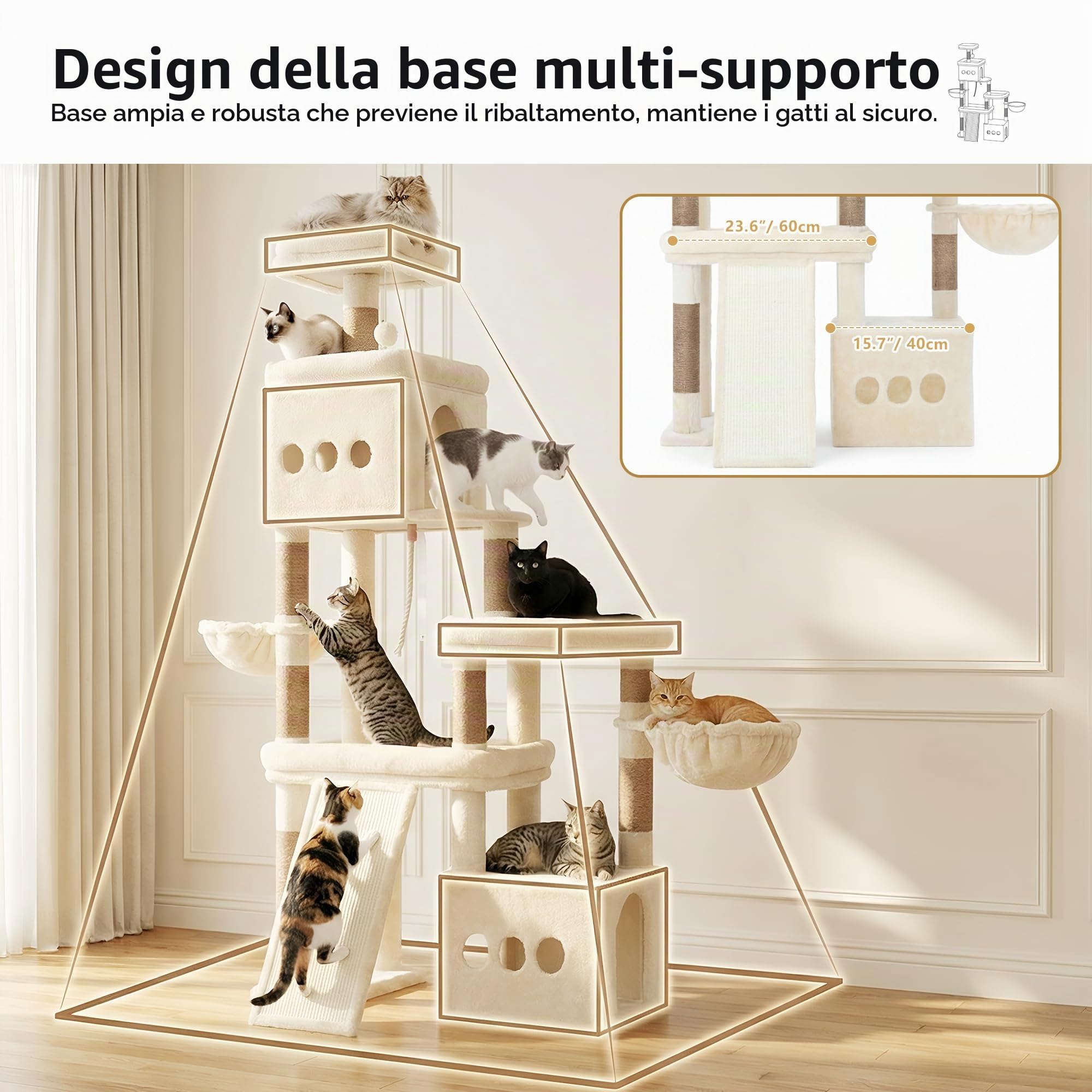 Heybly Albero Tiragraffi per Gatti da 184 cm, Torre Anti-Ribaltamento per Gatti Adulti XXL, Mobile con Posatoi Spaziosi, Zone Interattive Multiple e Grande Grattatoio in Sisal, Beige HCT060MJ