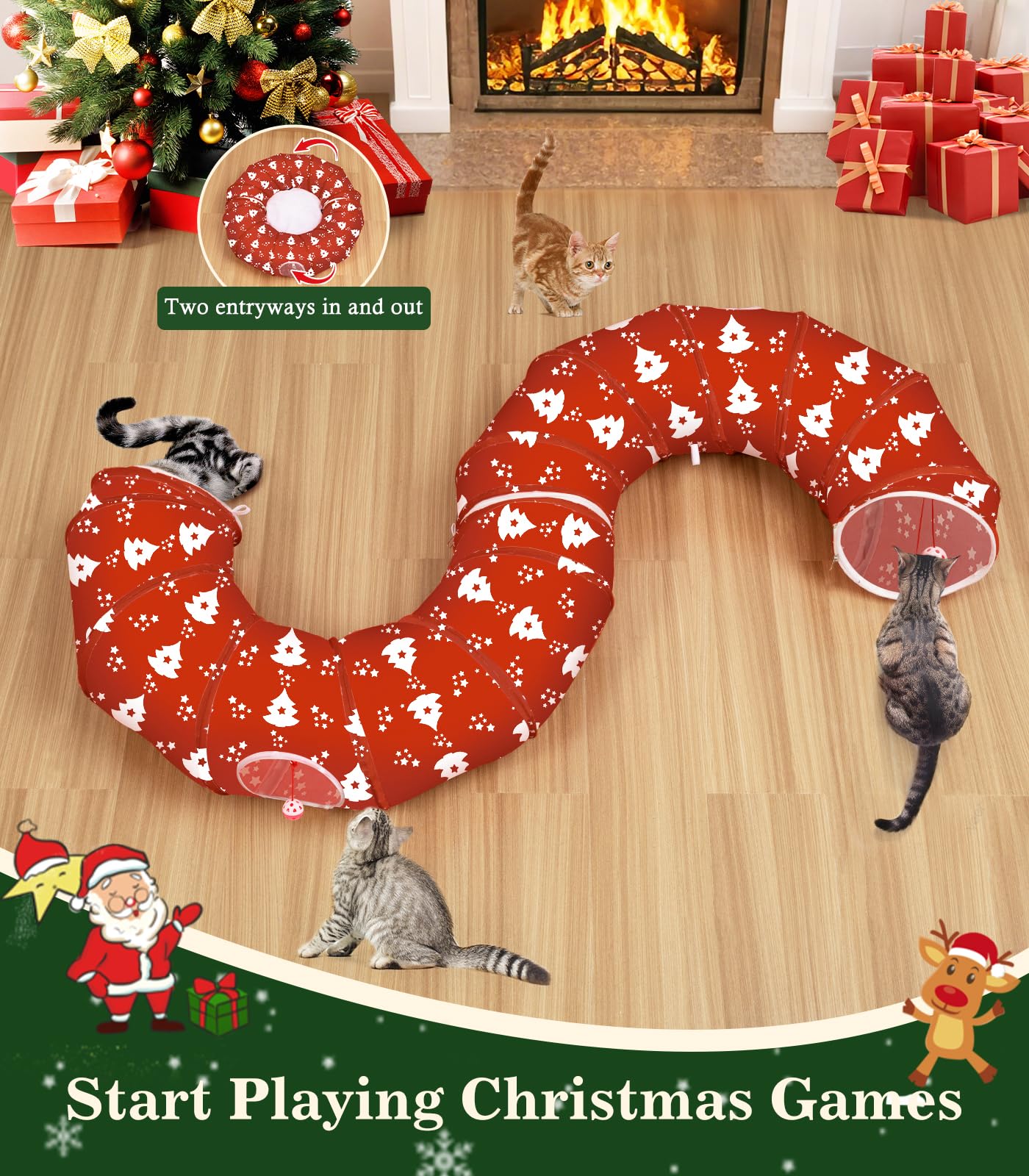 Pawaboo Letto a Tunnel per Gatti sotto L'Albero di Natale, 35,4" Tunnel Giocattolo per Gatti a Cerchio con Palla, Tunnel Decorativo Natalizio Pieghevole a Tubo per Gattini (Albero di Natale Rosso)