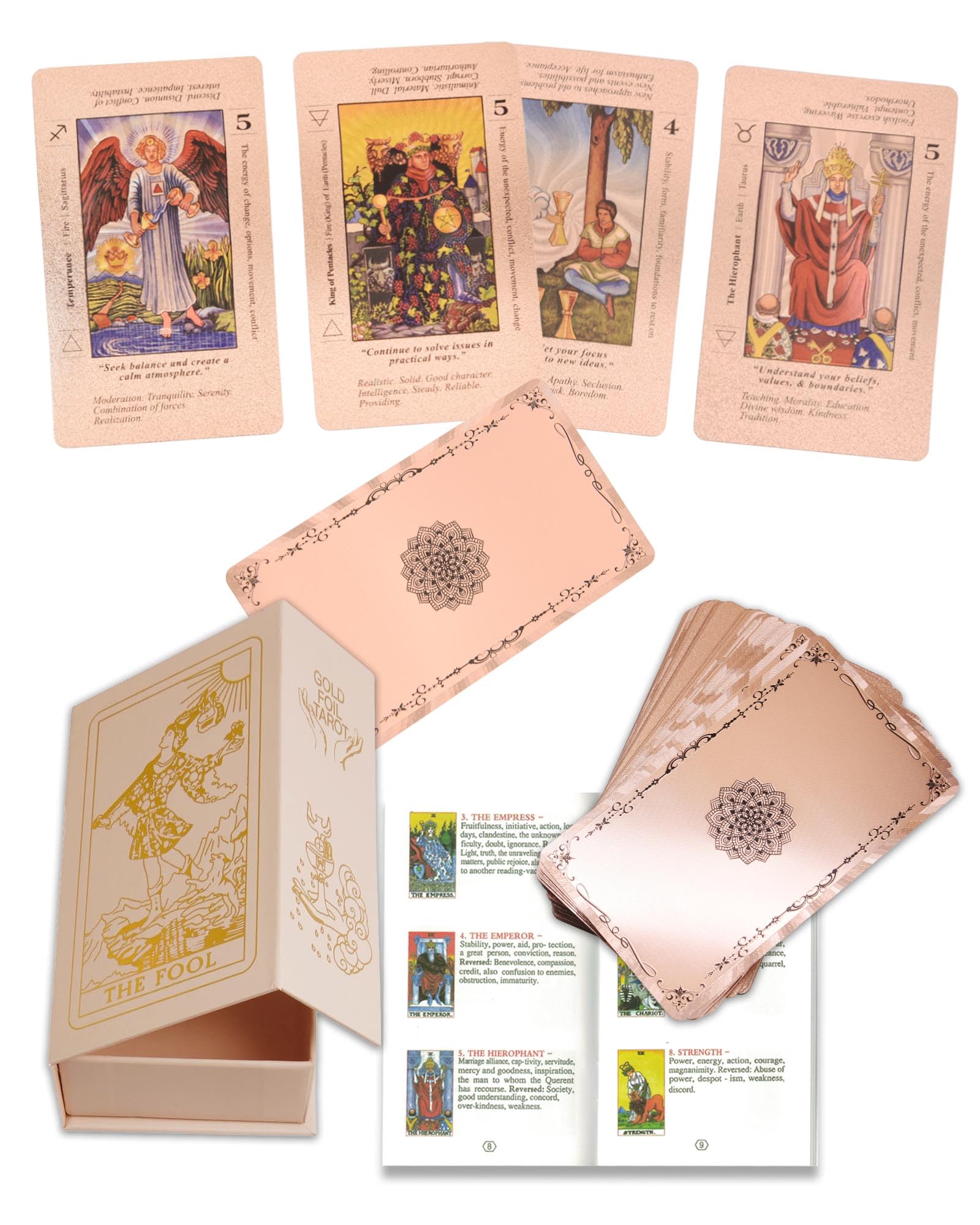 78 gold foil tarot cards with 36 pages guide, PVC, waterproof and wrinkle-proof, front and back meanings, tarot deck for beginners, suitable for couples gift (Nasturtium, Rose gold)