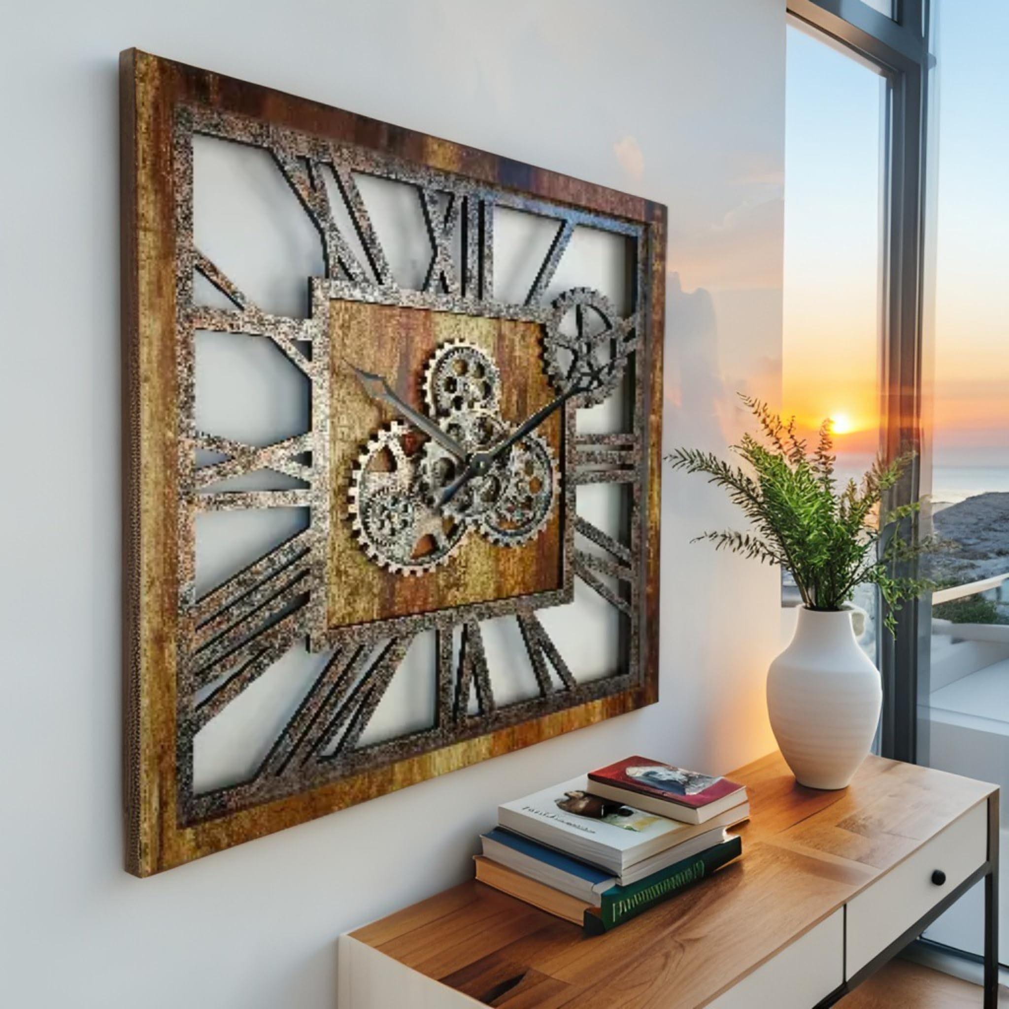 ImprovingLife The Gears Clock - Reloj de pared cuadrado de 61 cm con engranajes reales en movimiento, diseño vintage industrial extragrande, estilo rústico de granja (marrón vintage)