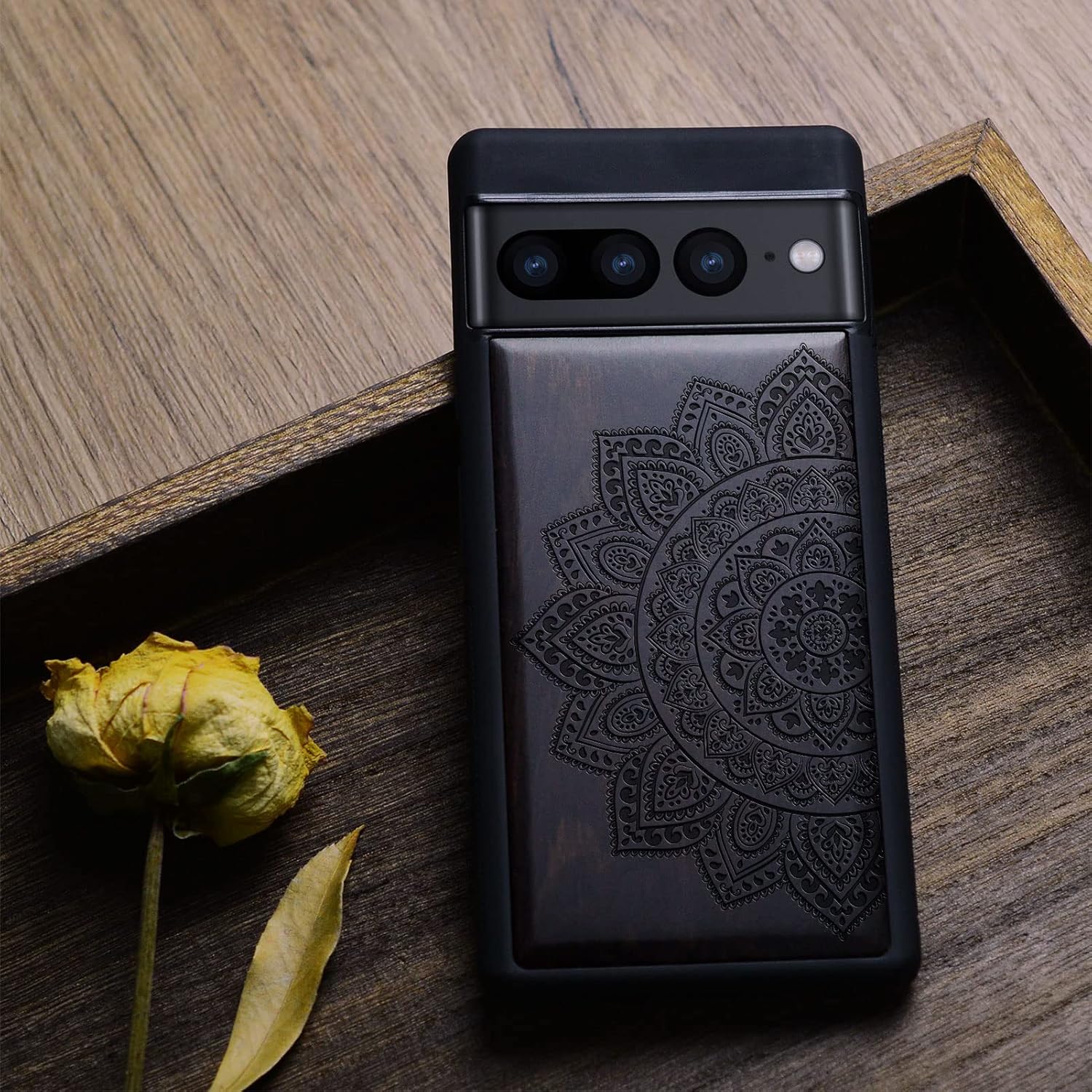 Carveit Wood Case for Pixel 7 Pro Case [Natural Wood & Black Soft TPU] Shockproof Protective Unique & Classy Wooden Cover Compatible with Google Pixel 7 Pro (Mandala Floral-Blackwood)