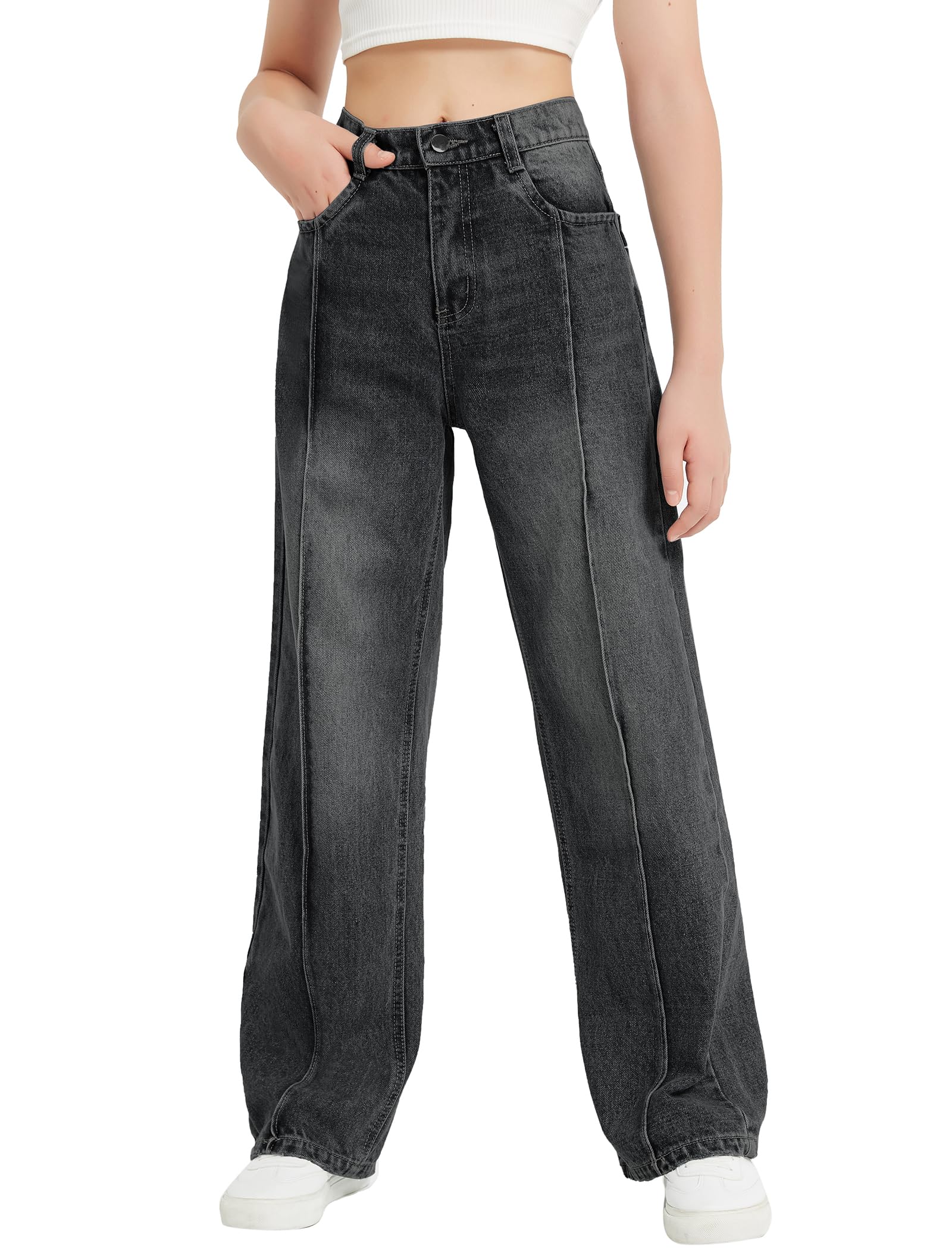 EXARUS Girls Jeans Baggy Wide Leg Cute Teen Denim Pants Junior Mid Rise Elastic Band with Pockets Casual Clothes