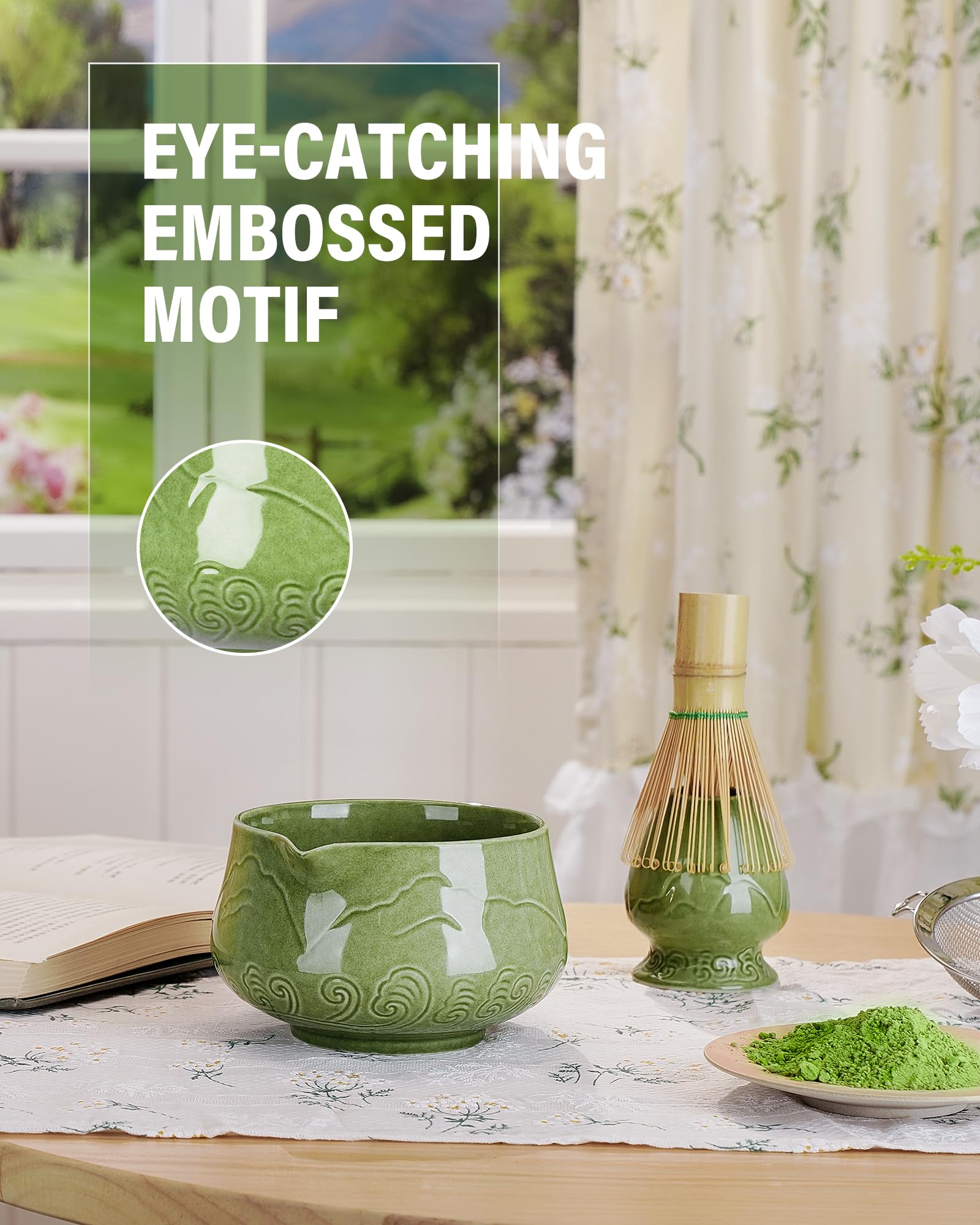 ZENS Juego de batidores de matcha, cuenco de cerámica para matcha de 17 onzas con boquilla y batidor de bambú, cuchara y paño de té, kit de 5 piezas para ceremonia de matcha, verde esmeralda