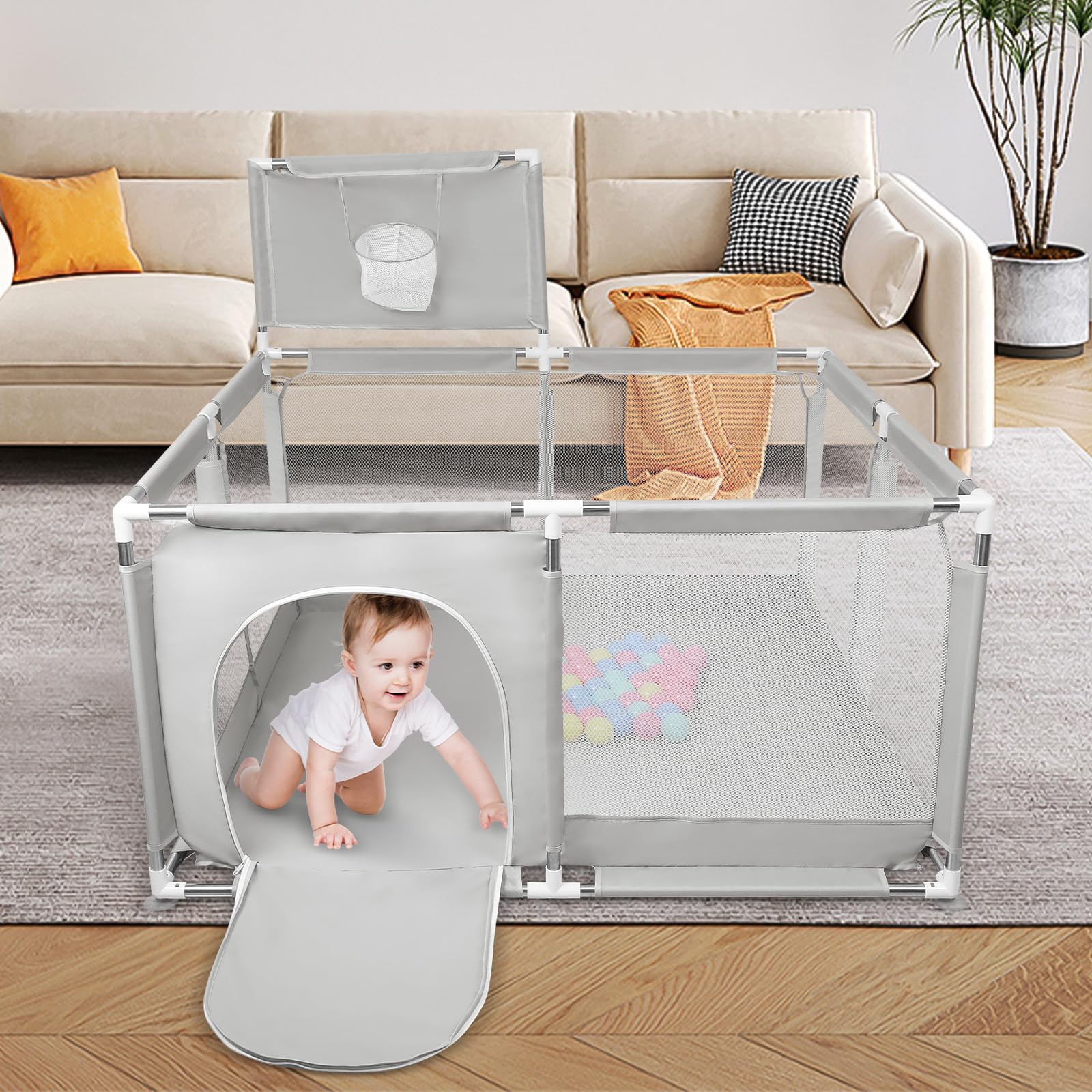 Parc Bebe, Parc Bébé Avec Tapis, Parc Bébé en Tissu Oxford, Petit Parc Enfant avec Barrières, Parc De Jeux Bébé pour Appartement Avec Balle-126 * 126 * 66 cm-gris clair