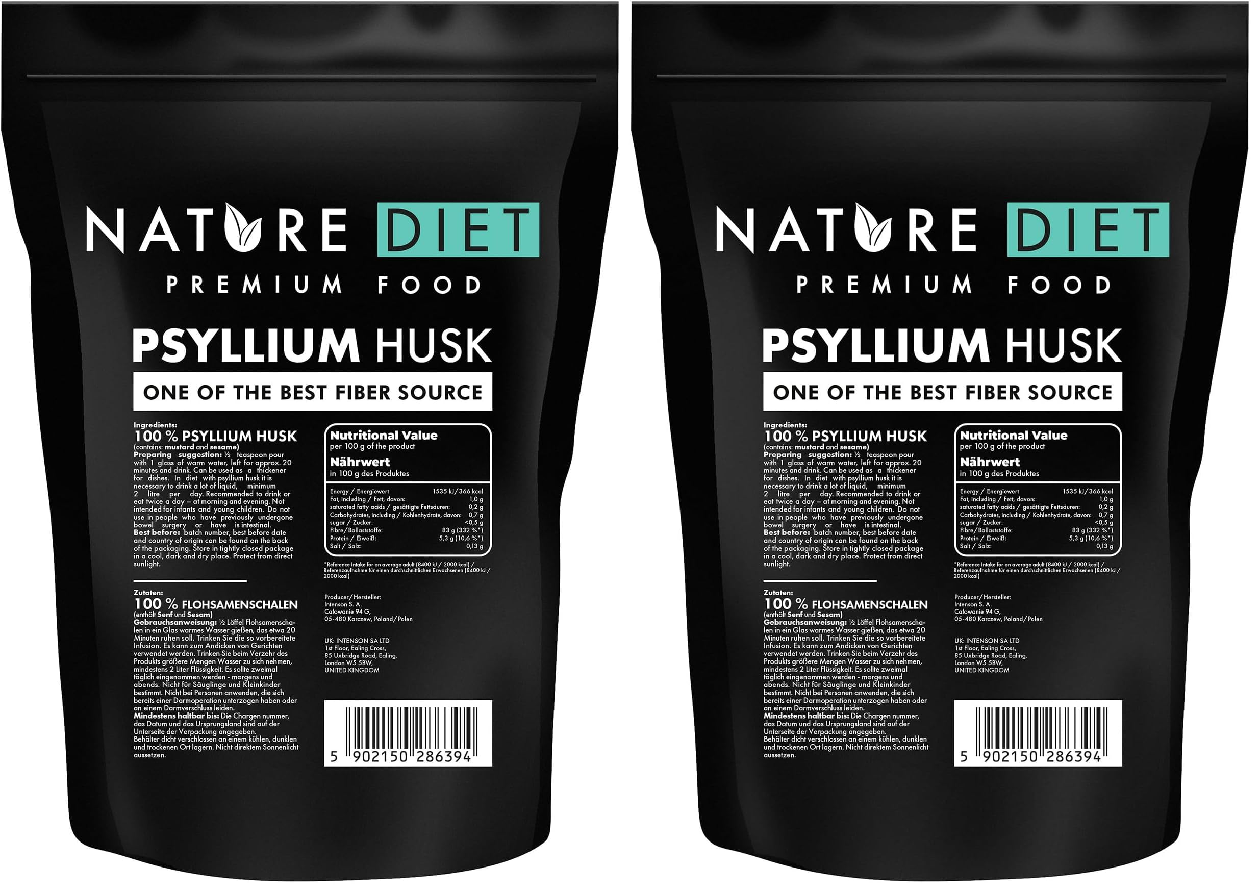 Nature Diet - Flohsamenschalen 1000 g | Natürliche Ballaststoffe | Low Carb | Vegan (Packung mit 2)