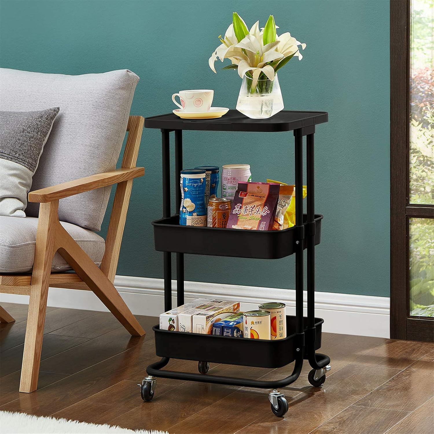 3 Tier Rolling Storage Cart with Tabletop, Practical Kitchen Storage Organizer Utility Service Cart on Wheels for Home Office - Black