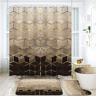 LQCOOL 4PCS Brown Gradient Shower Curtain Set Modern Geometric Golden Cubic Lines with Bath Mat Rug Toilet Cover Bathroom Accessories