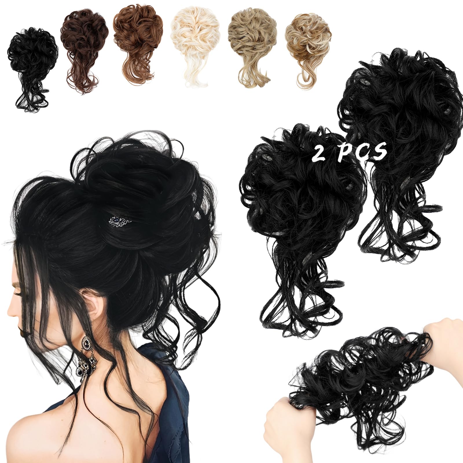 Photo 1 of FeidyLong 2PCS Messy Bun Hair Piece Tousled Updo with Tendrils Wavy Curly Hair Bun Scrunchies Ponytail Extension Elastic Band Hairpieces For Women (Dark Black)