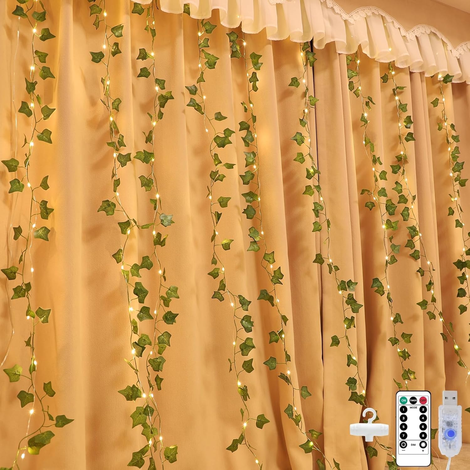 A.bigwhale Guirlande lumineuse de vigne artificielle pour chambre à coucher, 2 x 2 m, guirlande de lierre avec 200 LED, 8 modes, lumières de vigne à suspendre USB pour mariage, fenêtre, mur, fête