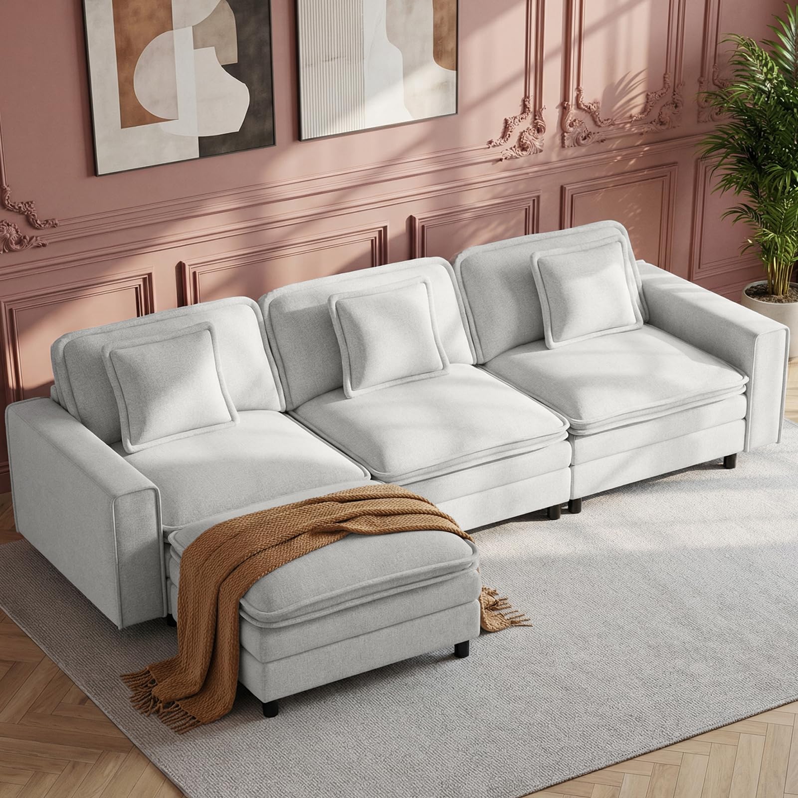 MALOL Modular Sectional Sofa 107", Comfy Cloud Couch with Ottoman, Deep 4-Seat L Shaped Modular Sofa, Couches with Throw Pillows for Living Room,