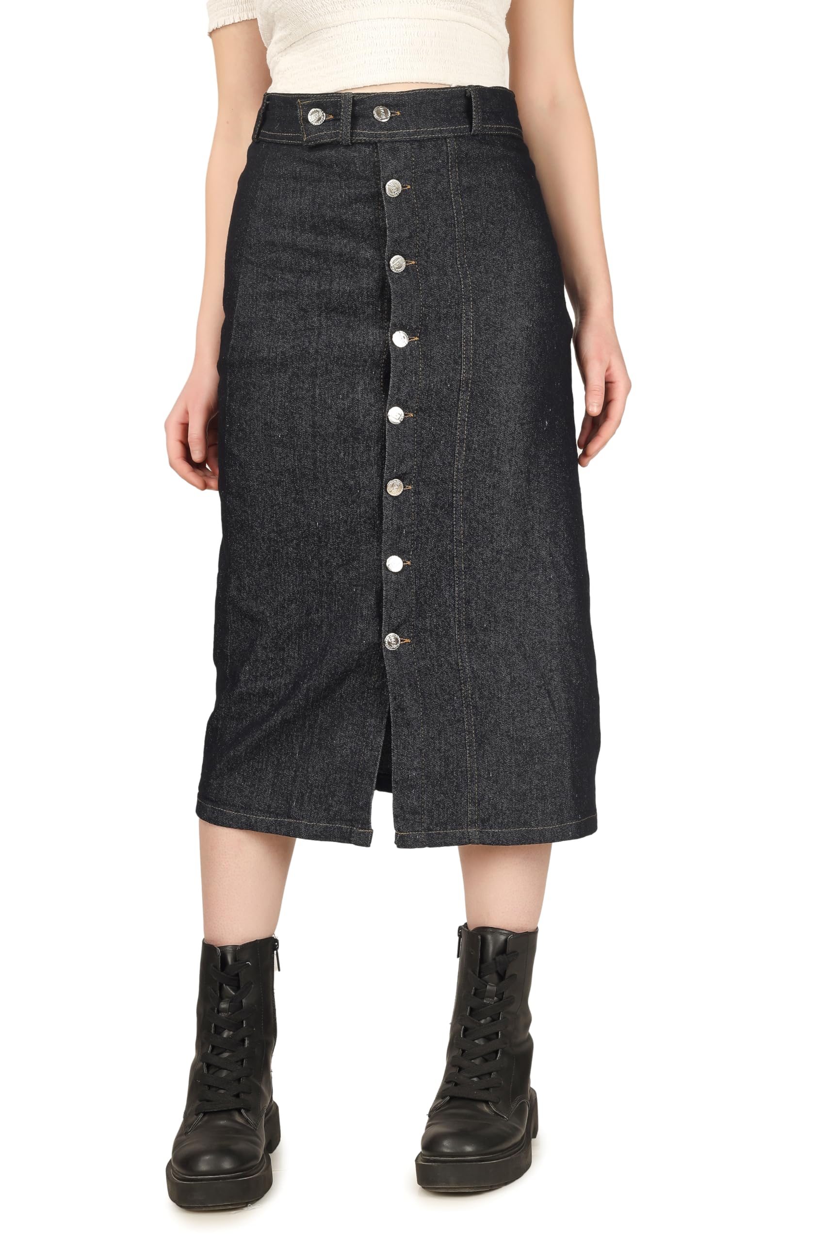 Button Side Split Denim Long Straight Skirt for Women & Girls-image-16