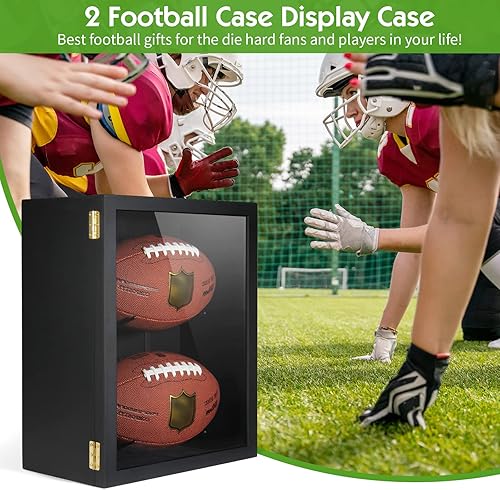 Miniatura 6 de TJ.MOREE Estuche de fútbol con 2 fundas de fútbol tamaño completo, soportes para rugby para exhibir pelotas, caja de sombra de montaje en pared con