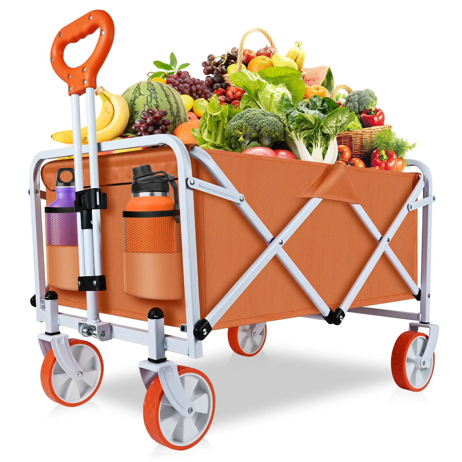 Orange Wagon for Groceries - Heavy Duty Wagon Cart with Wheels Collapsible, Large Capacity Utility Grocery Cart for Outdoor Garden Shopping and Sports
